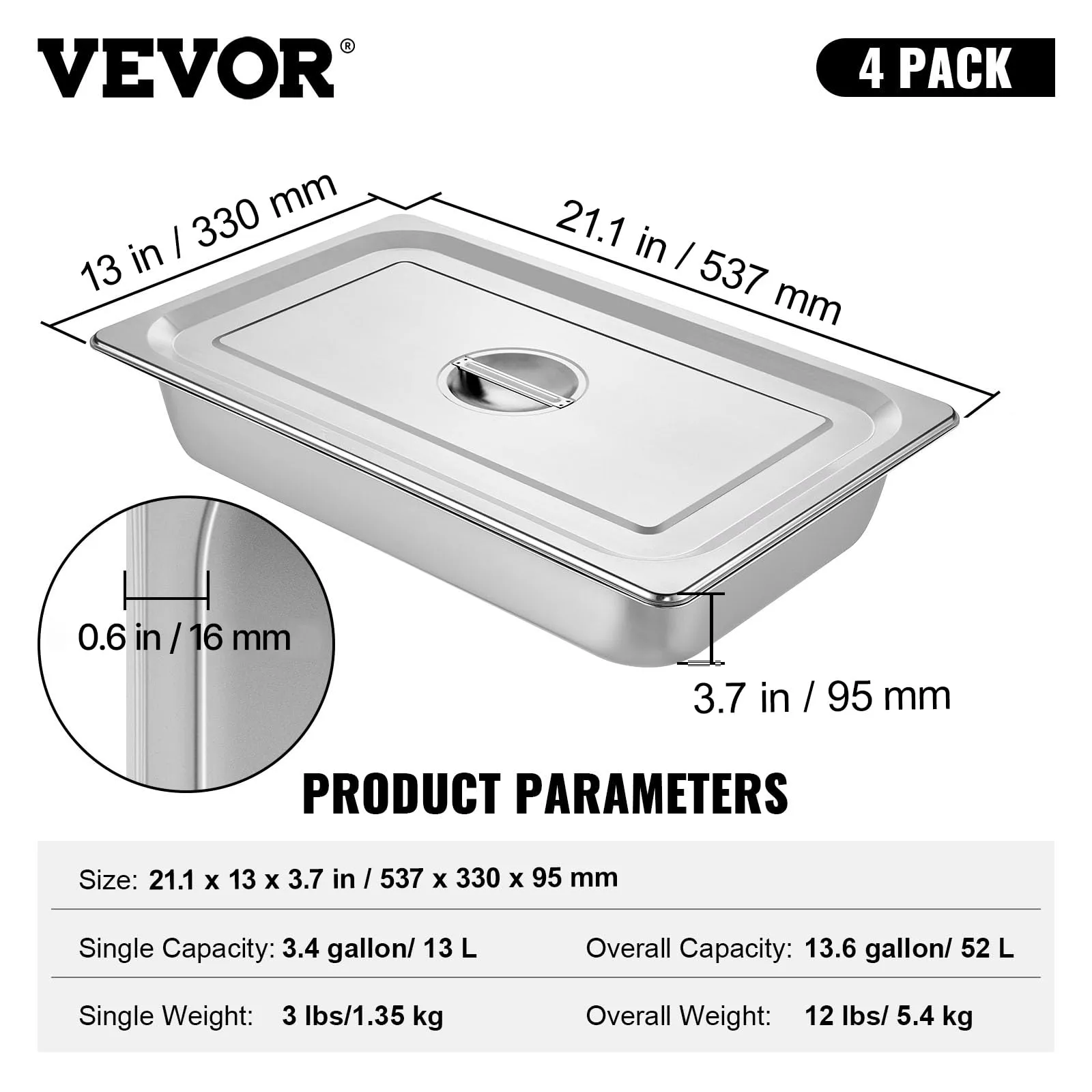 VEVOR Vassoio Rettangolare in Acciaio Inossidabile 13L con Coperchio, 530x325x100mm, Set da 4 Pezzi - immagine 7