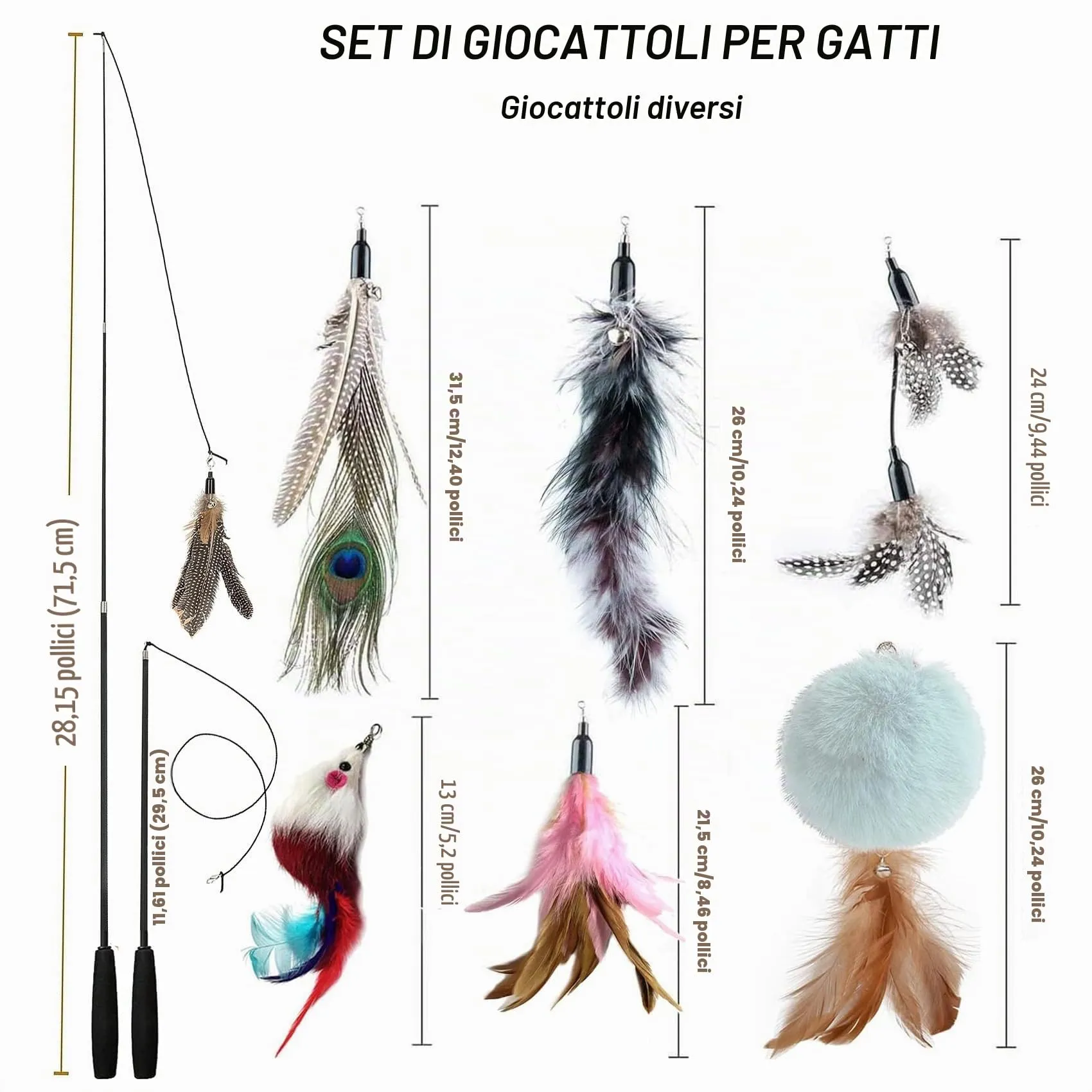 MAIYADUO Giocattolo Interattivo per Gatti con Bacchetta Retrattile e 5 Piume Assortite - immagine 2