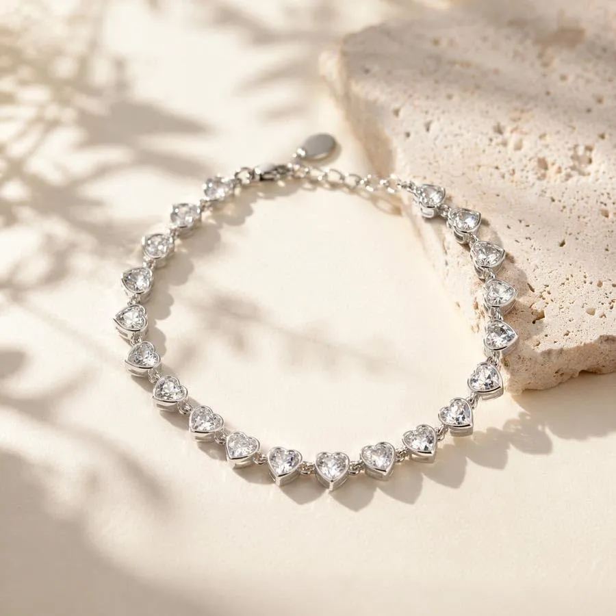 Saga Gioielli Bracciale Tennis Donna in Acciaio Inox Argento con Cuori e Zirconi 5,5 mm, Lunghezza 17,5+3 cm - immagine 3