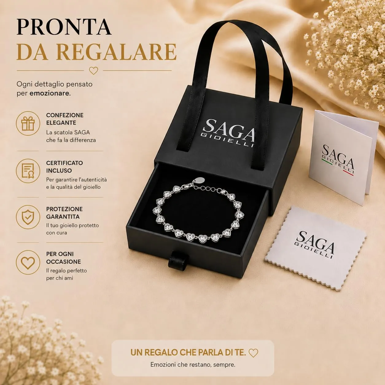 Saga Gioielli Bracciale Tennis Donna in Acciaio Inox Argento con Cuori e Zirconi 5,5 mm, Lunghezza 17,5+3 cm - immagine 5