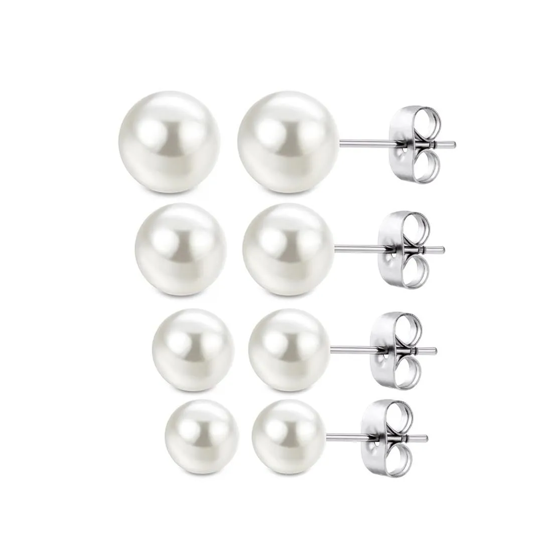 PLABBDPL Orecchini in Argento 925 e Perle, Set da 4 Paia, Taglie 4mm 6mm 8mm 10mm, Bianco - immagine 1
