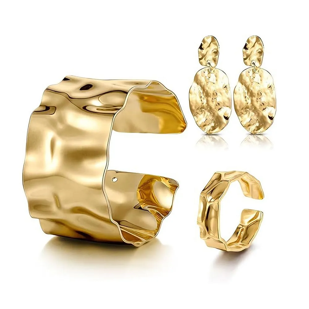 XFSRG Set Gioielli Donna 3 Pezzi Bracciale Anello Orecchini Oro 18K Placcato Texture Irregolare (Oro) - immagine 1