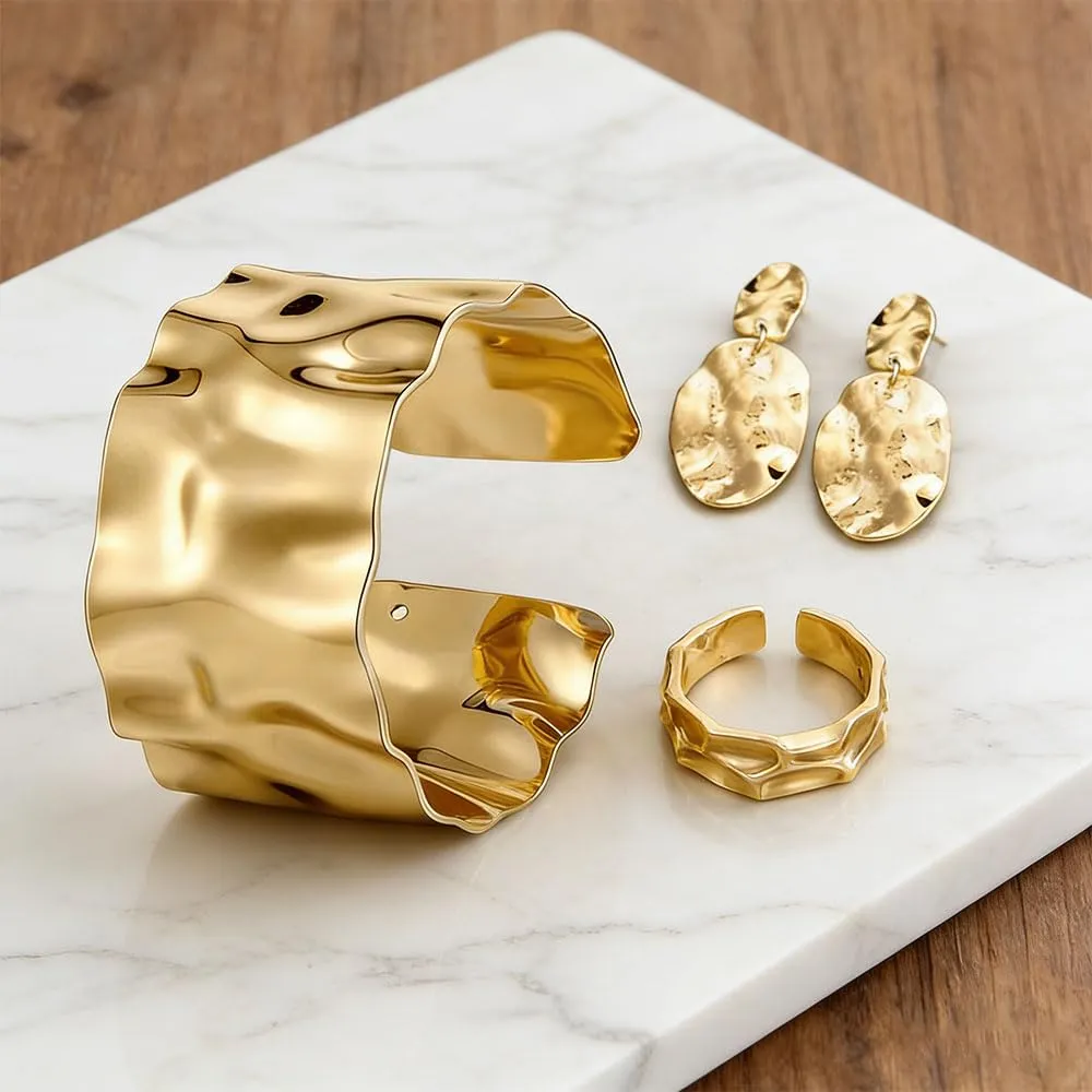 XFSRG Set Gioielli Donna 3 Pezzi Bracciale Anello Orecchini Oro 18K Placcato Texture Irregolare (Oro) - immagine 3
