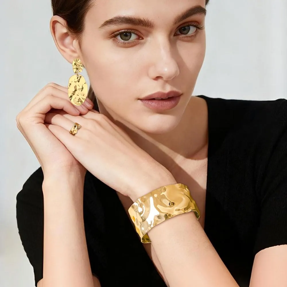 XFSRG Set Gioielli Donna 3 Pezzi Bracciale Anello Orecchini Oro 18K Placcato Texture Irregolare (Oro) - immagine 4