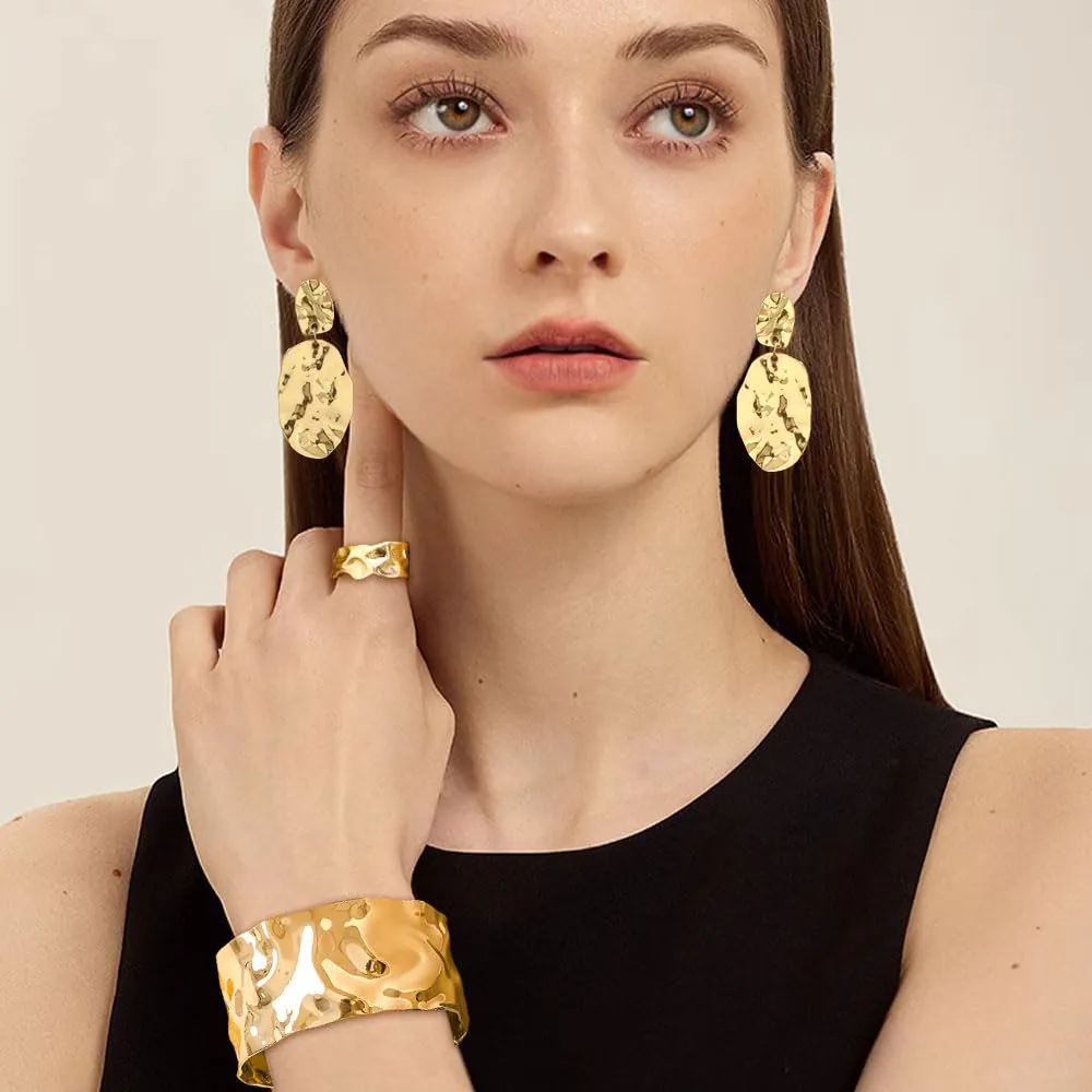 XFSRG Set Gioielli Donna 3 Pezzi Bracciale Anello Orecchini Oro 18K Placcato Texture Irregolare (Oro) - immagine 5