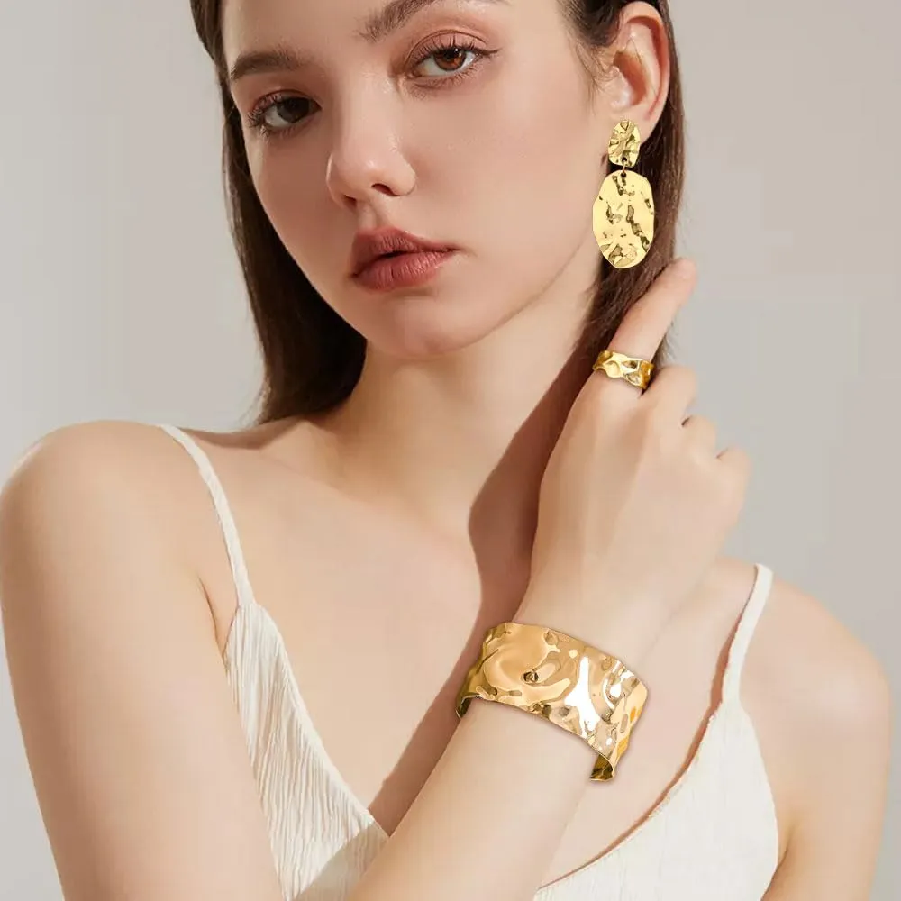 XFSRG Set Gioielli Donna 3 Pezzi Bracciale Anello Orecchini Oro 18K Placcato Texture Irregolare (Oro) - immagine 6