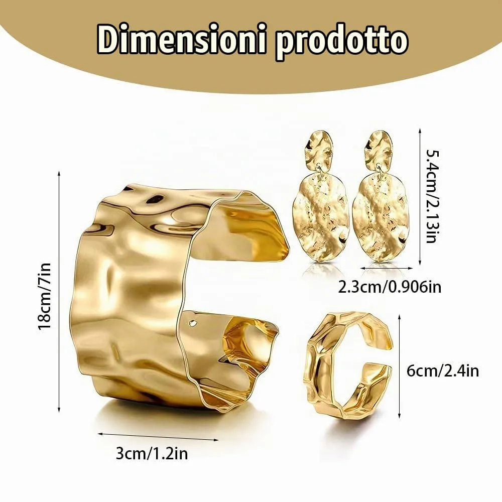 XFSRG Set Gioielli Donna 3 Pezzi Bracciale Anello Orecchini Oro 18K Placcato Texture Irregolare (Oro) - immagine 7