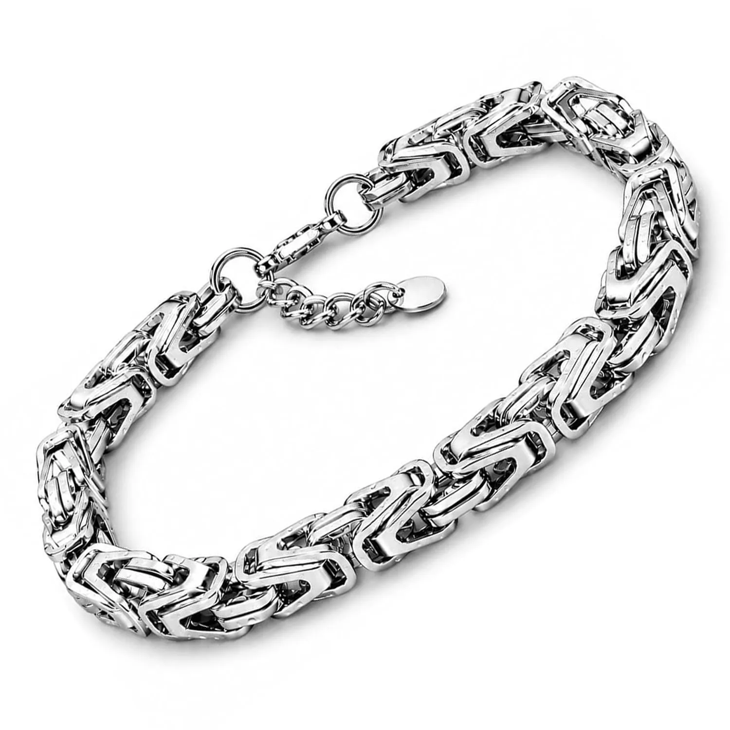 SAGA GIOIELLI Bracciale Uomo in Acciaio Inossidabile Lucido, Catena Bizantina 7 mm, Lunghezza Regolabile 19,5 + 5 cm, Argento - immagine 1
