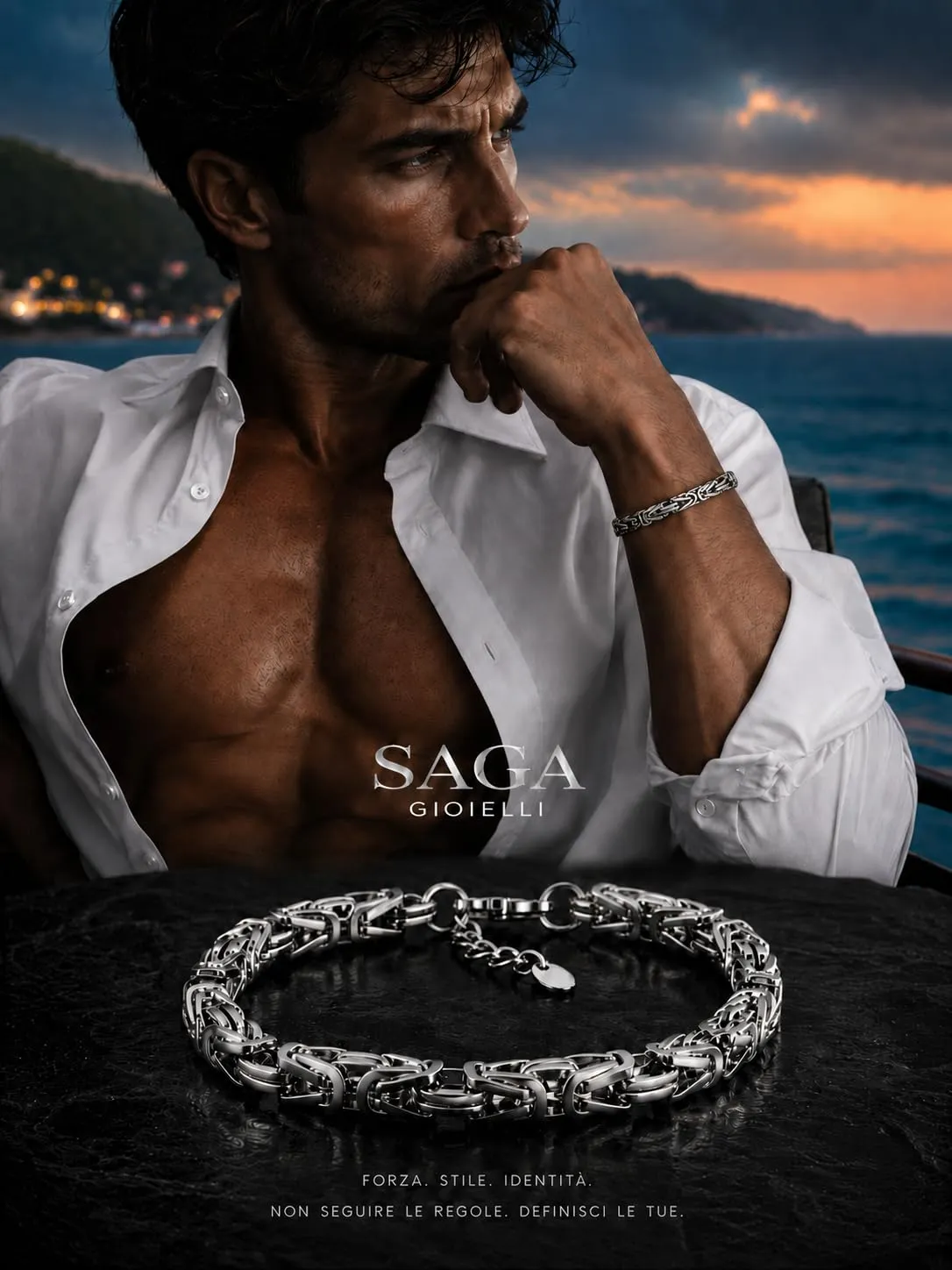 SAGA GIOIELLI Bracciale Uomo in Acciaio Inossidabile Lucido, Catena Bizantina 7 mm, Lunghezza Regolabile 19,5 + 5 cm, Argento - immagine 2