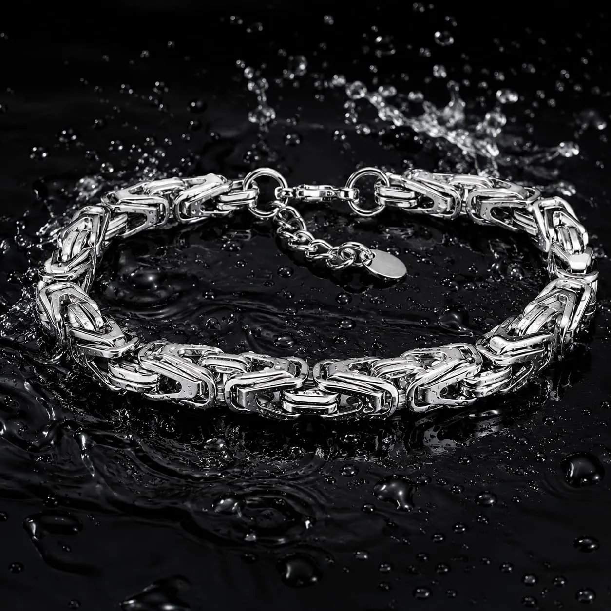 SAGA GIOIELLI Bracciale Uomo in Acciaio Inossidabile Lucido, Catena Bizantina 7 mm, Lunghezza Regolabile 19,5 + 5 cm, Argento - immagine 3