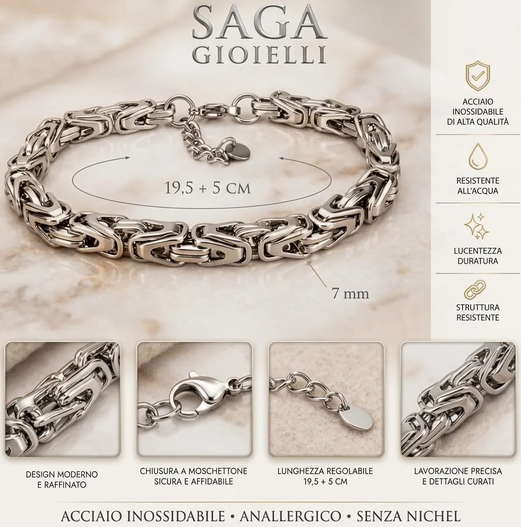 SAGA GIOIELLI Bracciale Uomo in Acciaio Inossidabile Lucido, Catena Bizantina 7 mm, Lunghezza Regolabile 19,5 + 5 cm, Argento - immagine 4