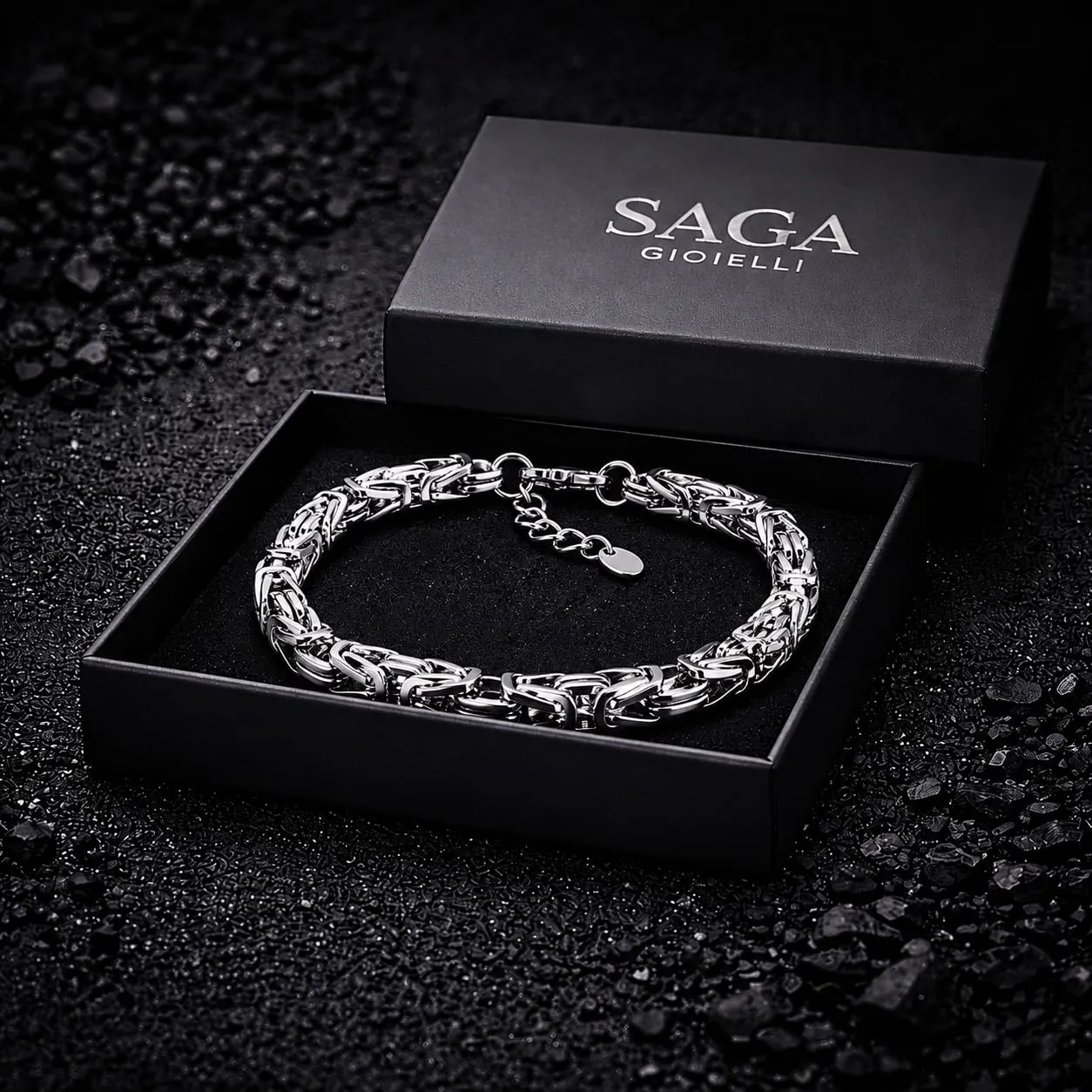 SAGA GIOIELLI Bracciale Uomo in Acciaio Inossidabile Lucido, Catena Bizantina 7 mm, Lunghezza Regolabile 19,5 + 5 cm, Argento - immagine 6