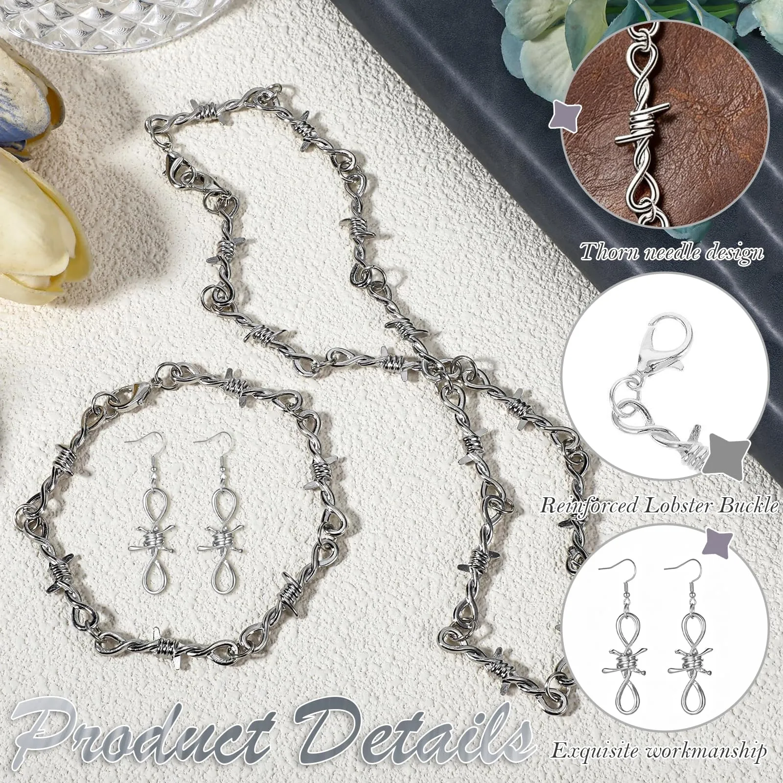 JOVYTH Set Gioielli Filo Spinato Collana, Bracciale e Orecchini - Argento - immagine 3