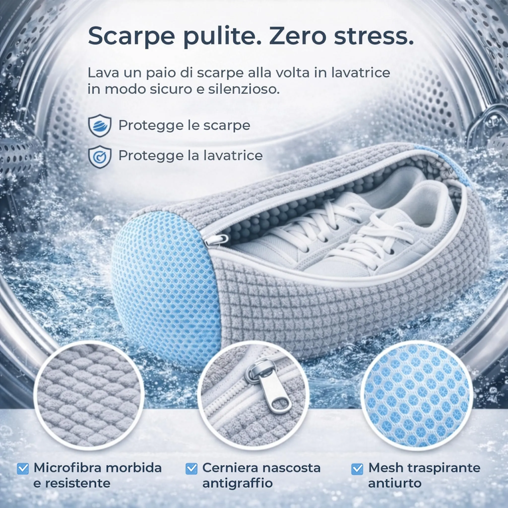 PRISMAL Set 2 Pezzi Sacchetto Scarpe Lavatrice in Microfibra con Cerniera, Grigio - immagine 3