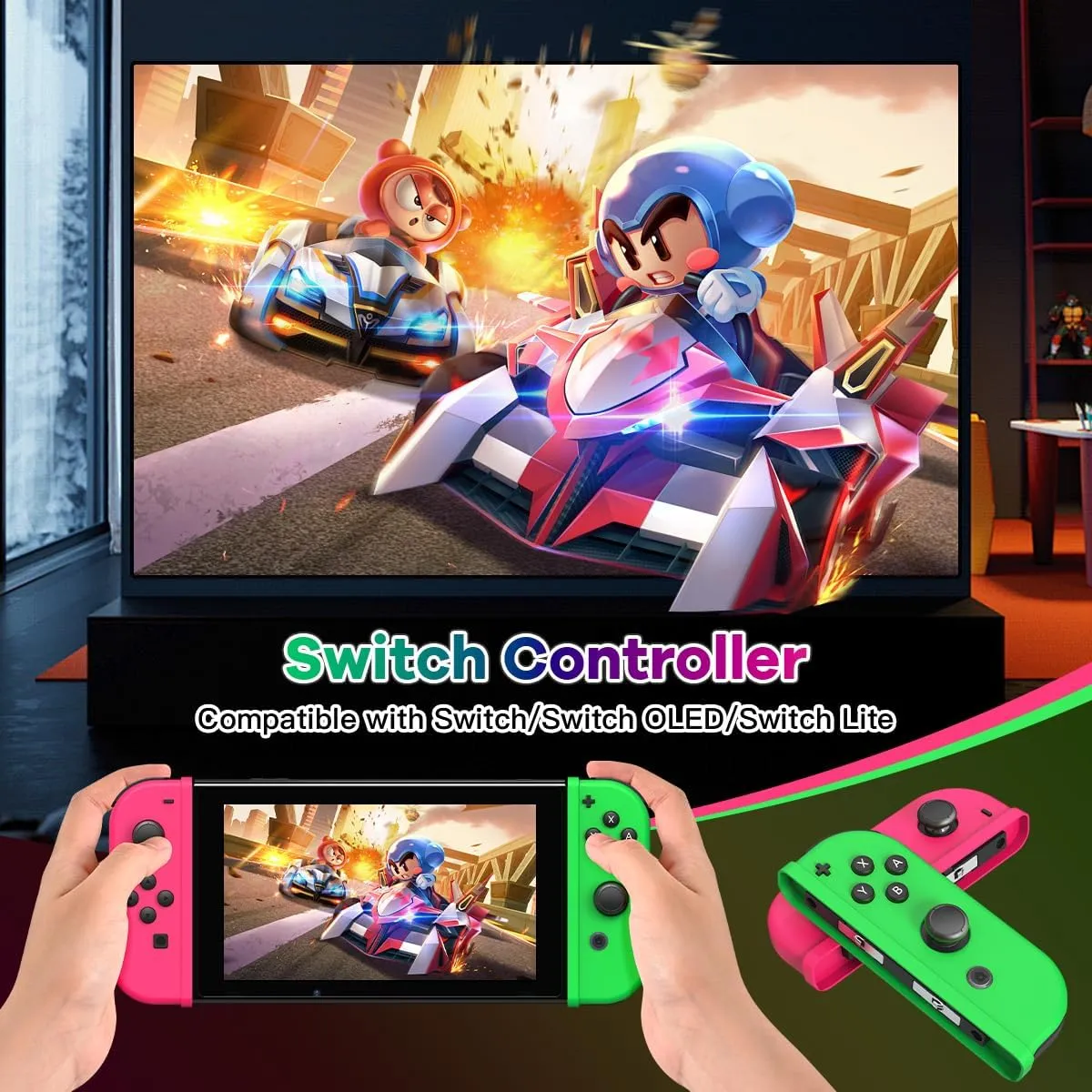 Mhwlhbx Joy-Con Replacement Controllers for Nintendo Switch, L/R Joypad with Dual Vibration, Wake-up and Screenshot Functions - Blue - immagine 2