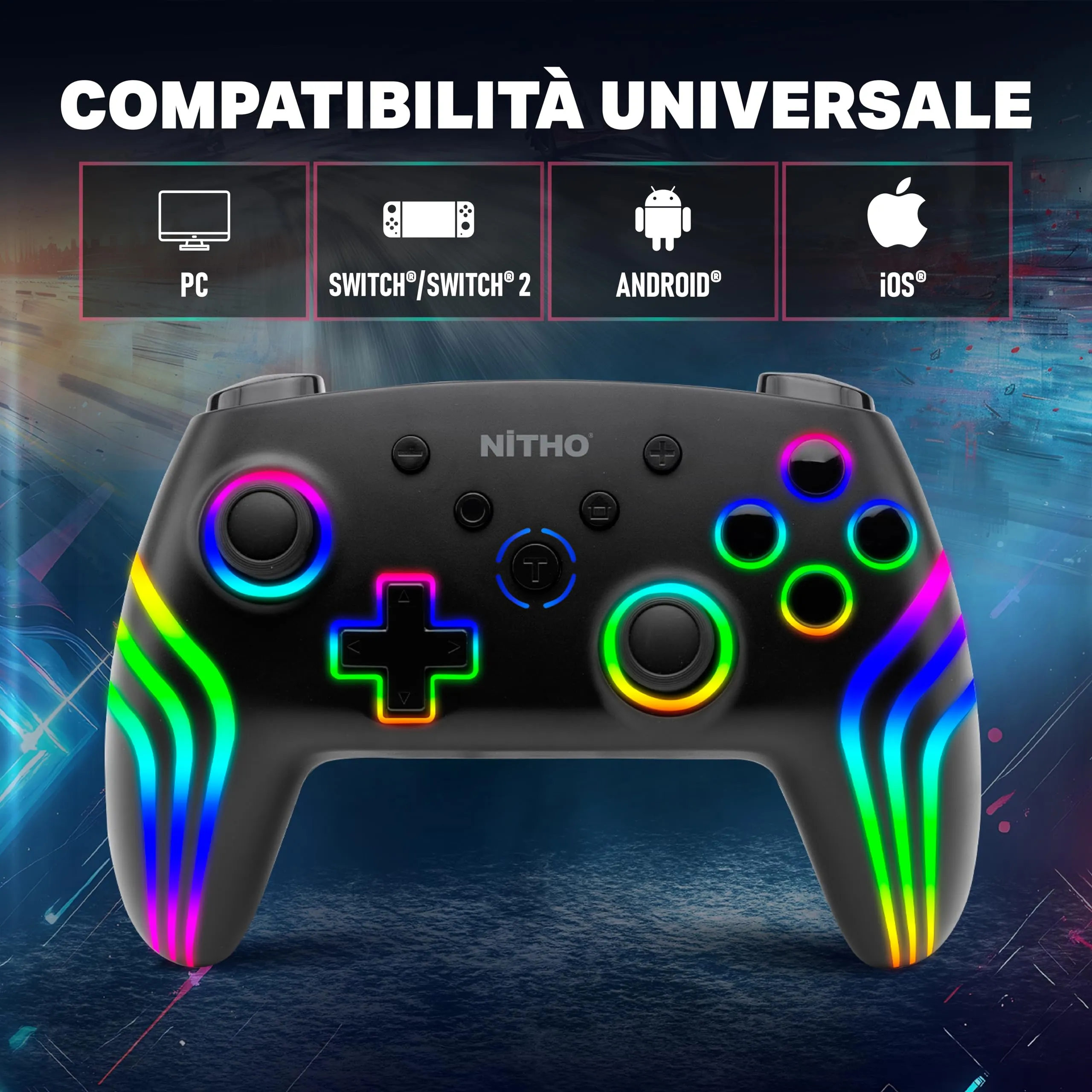 NITHO Nexus Dark Ops Wireless Controller for Switch, Switch 2, Lite, OLED, PC, iOS, Android - Nero - immagine 2