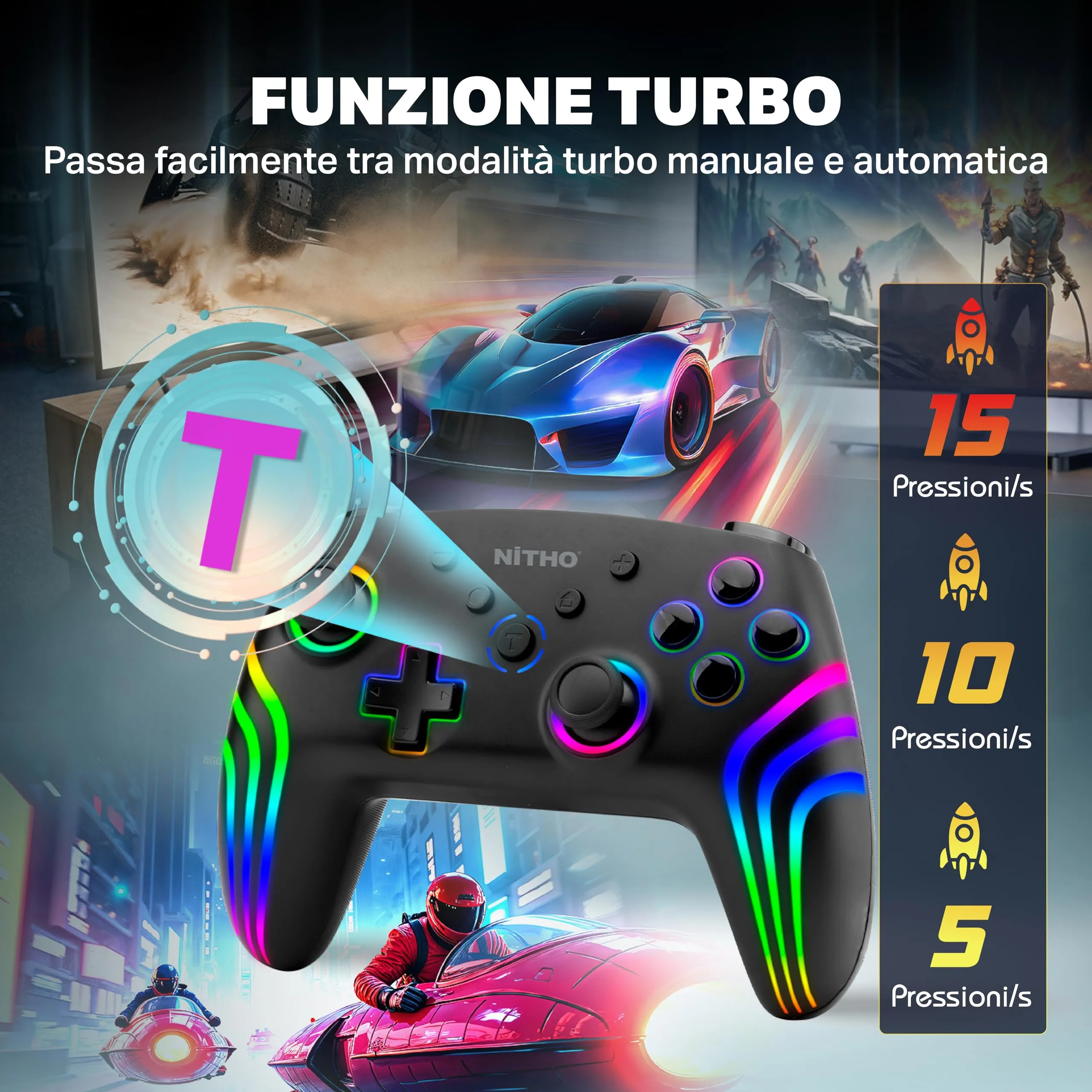 NITHO Nexus Dark Ops Wireless Controller for Switch, Switch 2, Lite, OLED, PC, iOS, Android - Nero - immagine 3