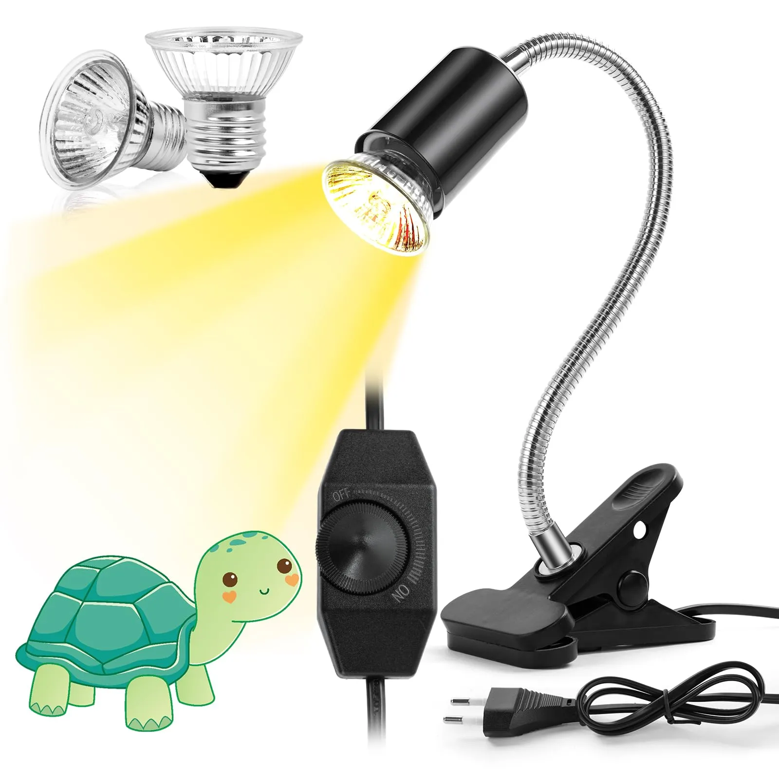 vsshe Lampada per Rettili e Tartarughe, Portalampada E27 con 2 Lampadine UVA UVB da 50W, Morsetto Girevole a 360° - immagine 1