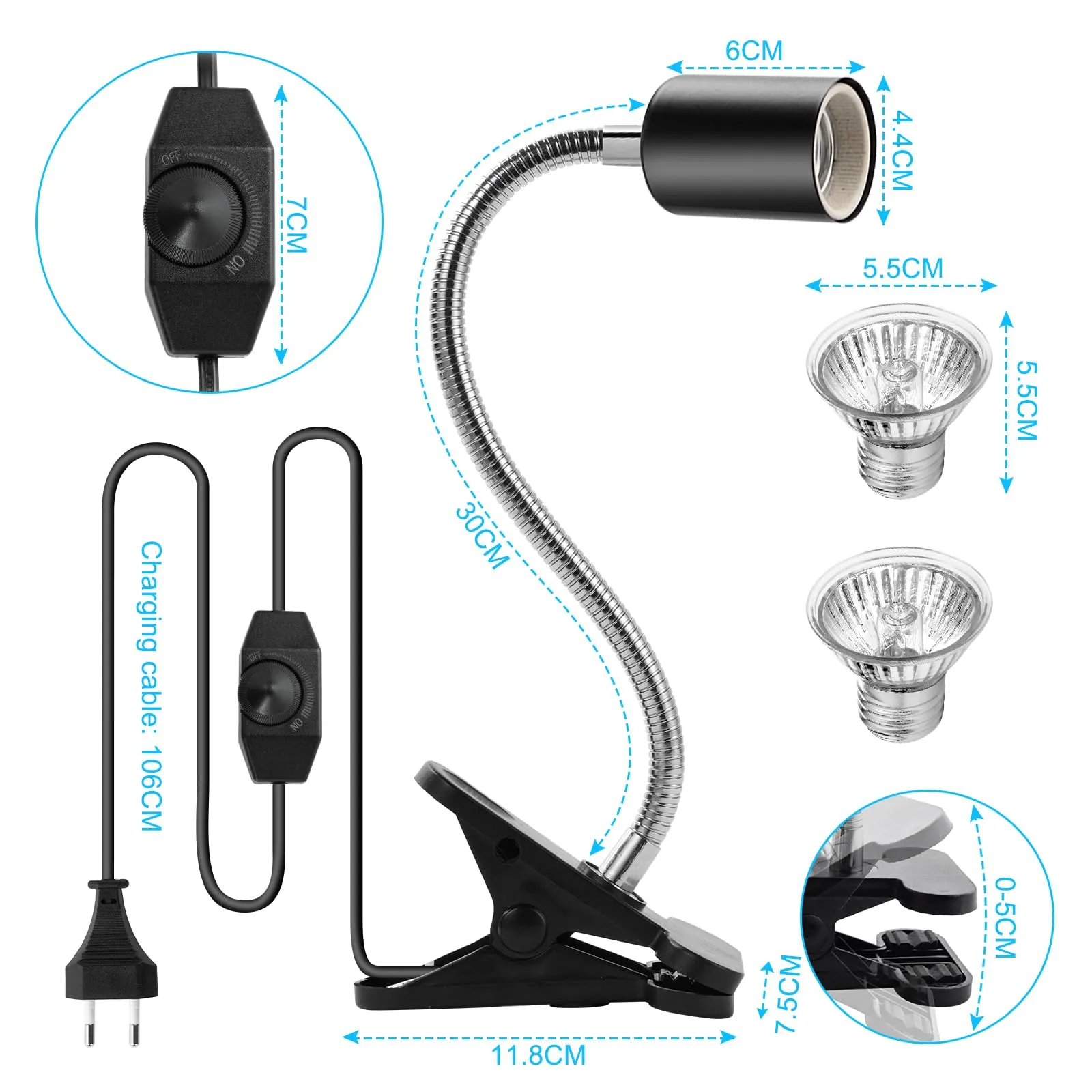 vsshe Lampada per Rettili e Tartarughe, Portalampada E27 con 2 Lampadine UVA UVB da 50W, Morsetto Girevole a 360° - immagine 2