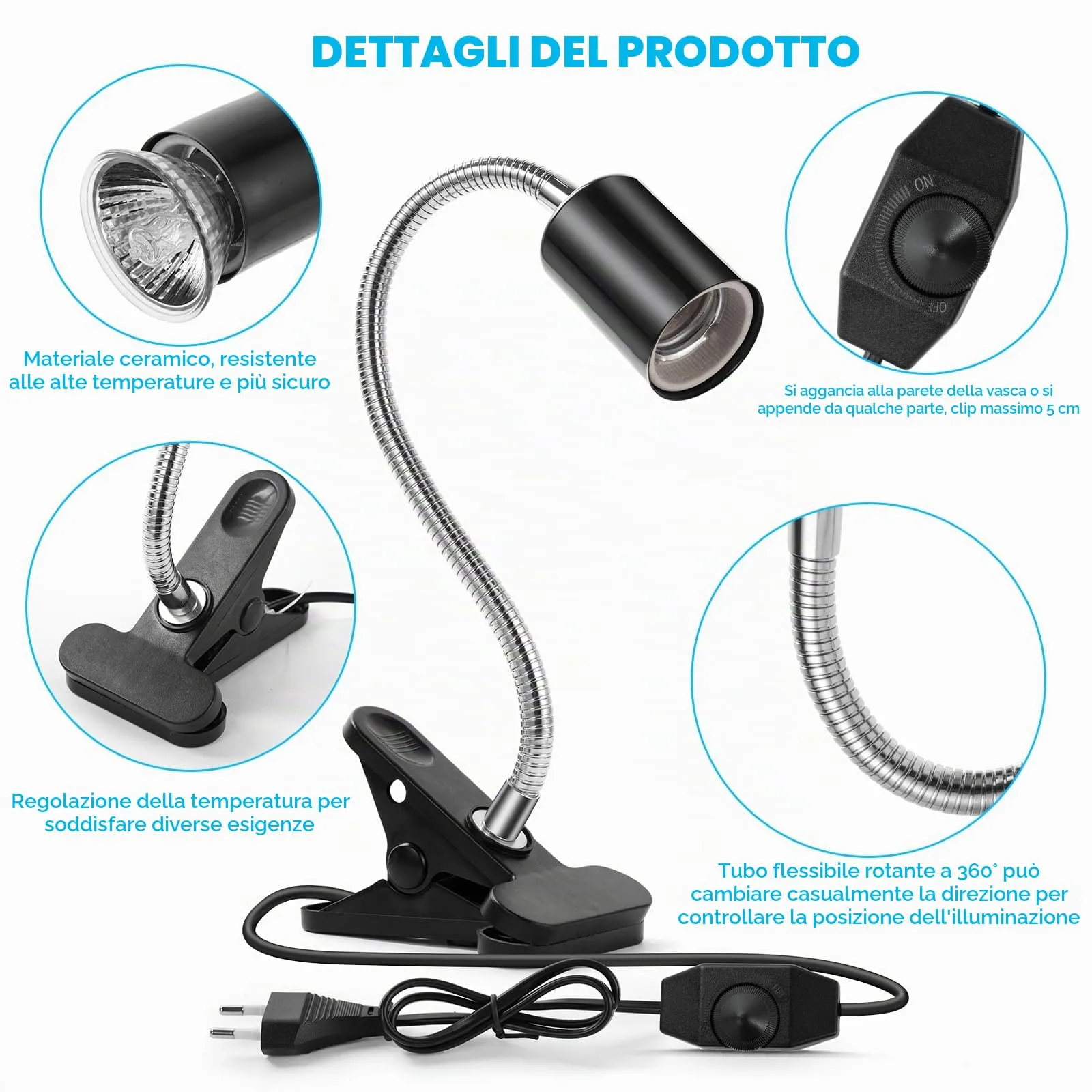 vsshe Lampada per Rettili e Tartarughe, Portalampada E27 con 2 Lampadine UVA UVB da 50W, Morsetto Girevole a 360° - immagine 3