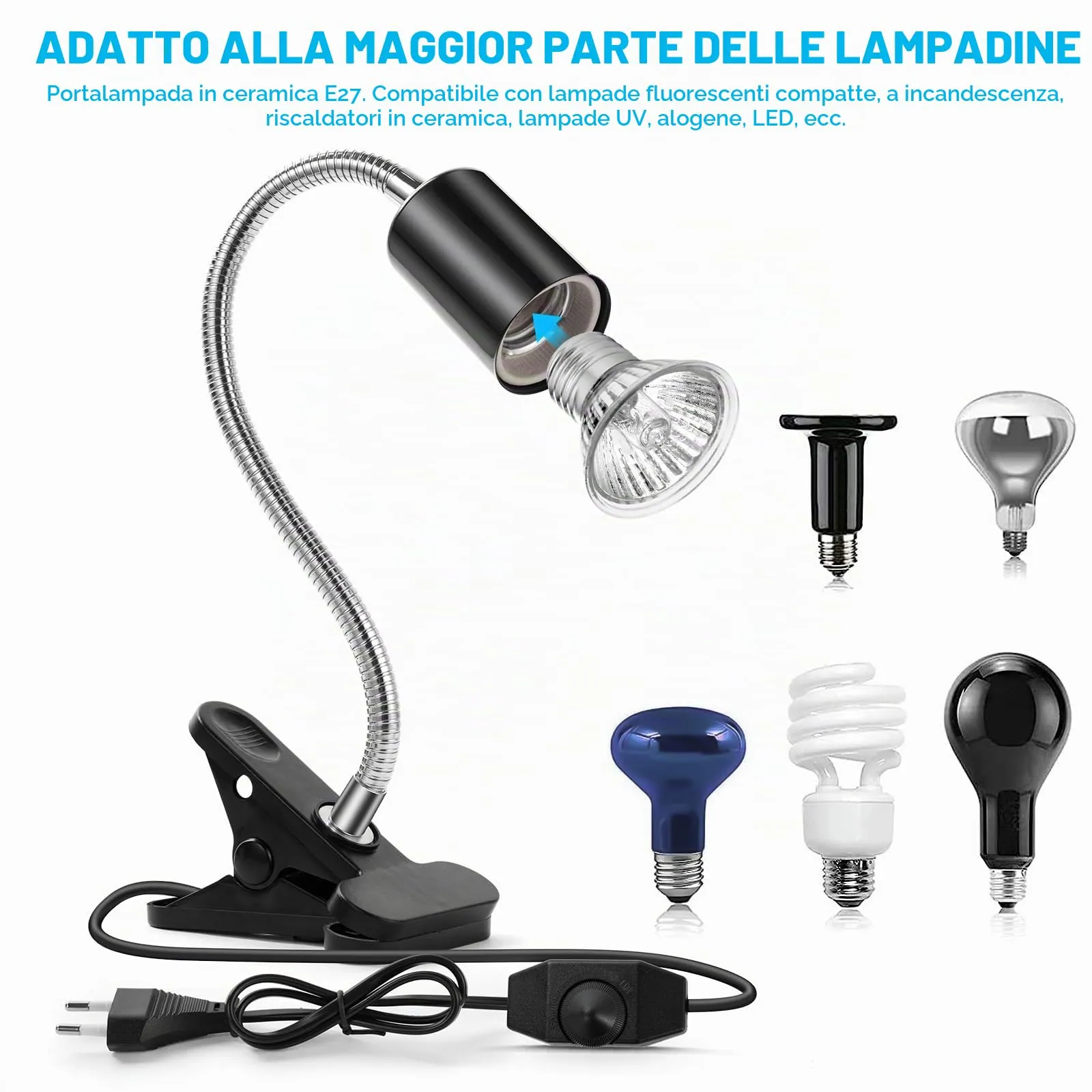 vsshe Lampada per Rettili e Tartarughe, Portalampada E27 con 2 Lampadine UVA UVB da 50W, Morsetto Girevole a 360° - immagine 5