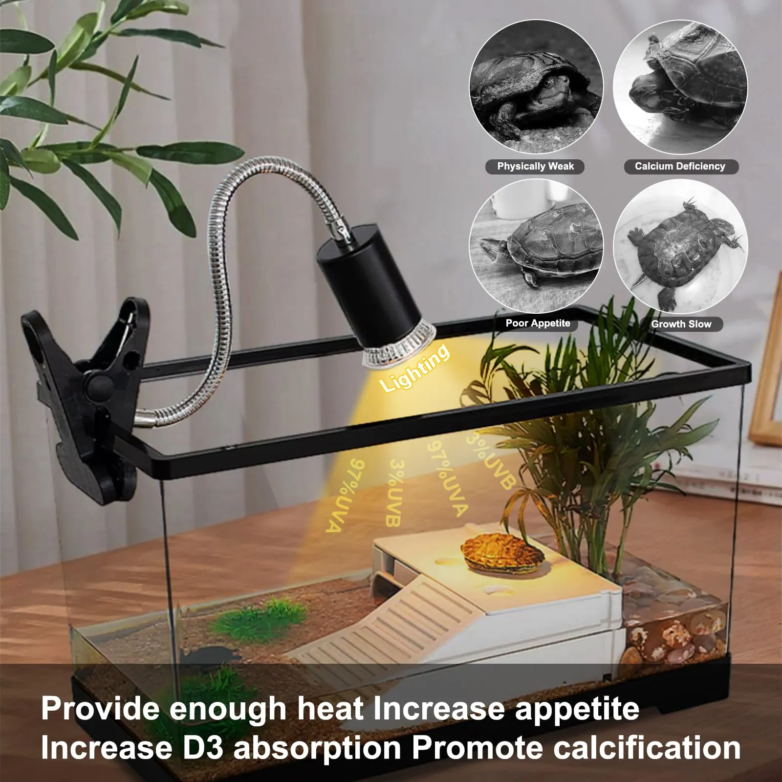 vsshe Lampada per Rettili e Tartarughe, Portalampada E27 con 2 Lampadine UVA UVB da 50W, Morsetto Girevole a 360° - immagine 7