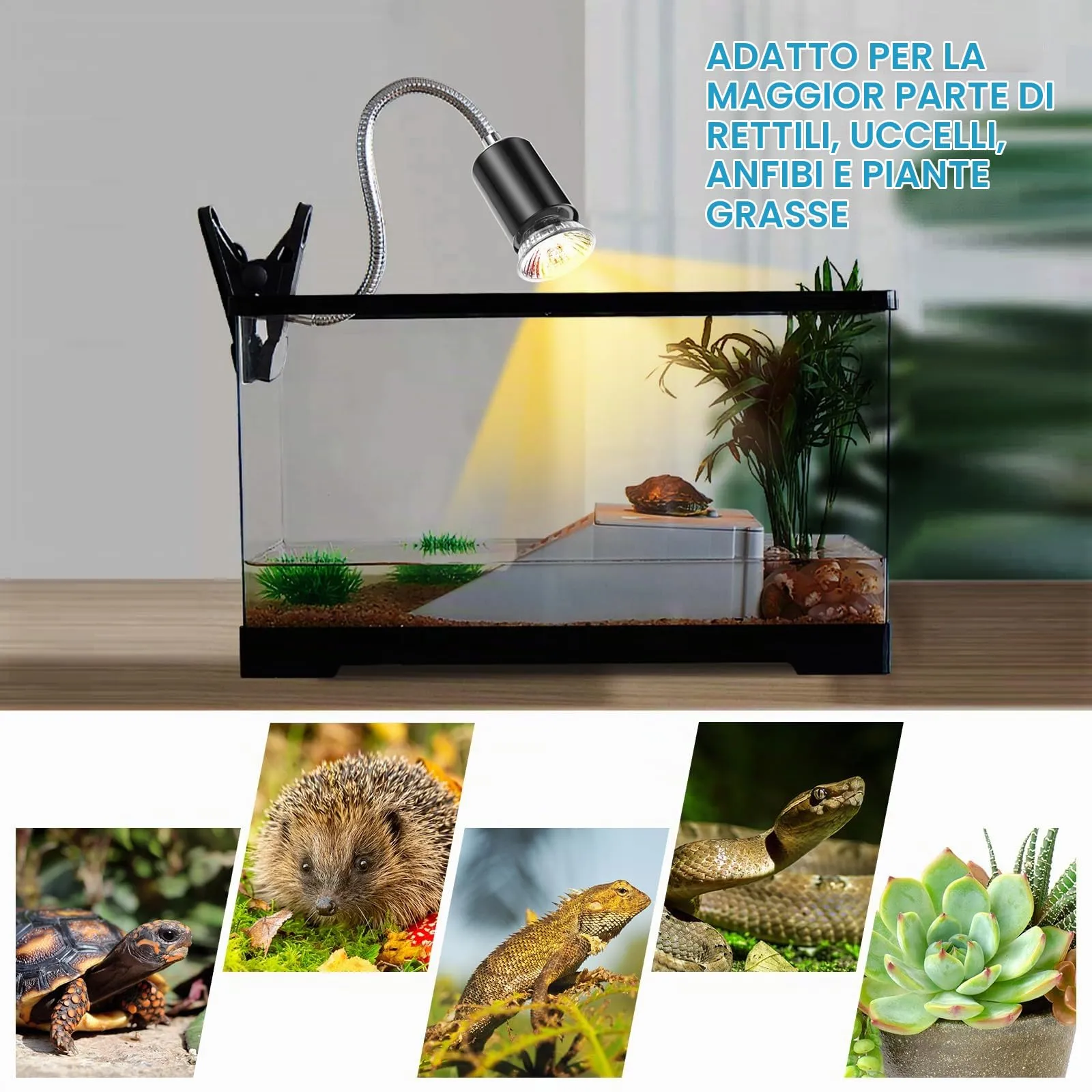vsshe Lampada per Rettili e Tartarughe, Portalampada E27 con 2 Lampadine UVA UVB da 50W, Morsetto Girevole a 360° - immagine 8