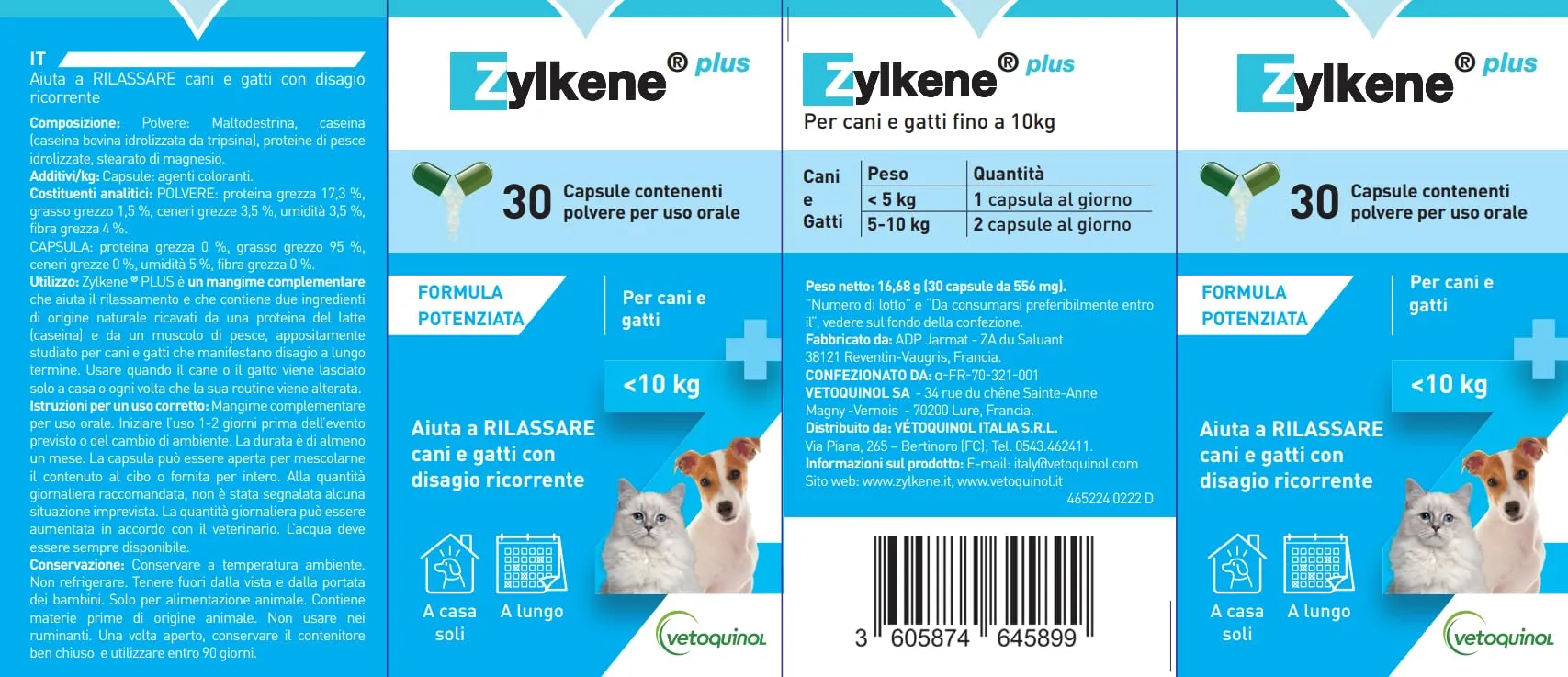 Vetoquinol Zylkene Plus Mangime Complementare per Gatti e Cani fino a 10 kg, 75 mg, 30 capsule - immagine 2