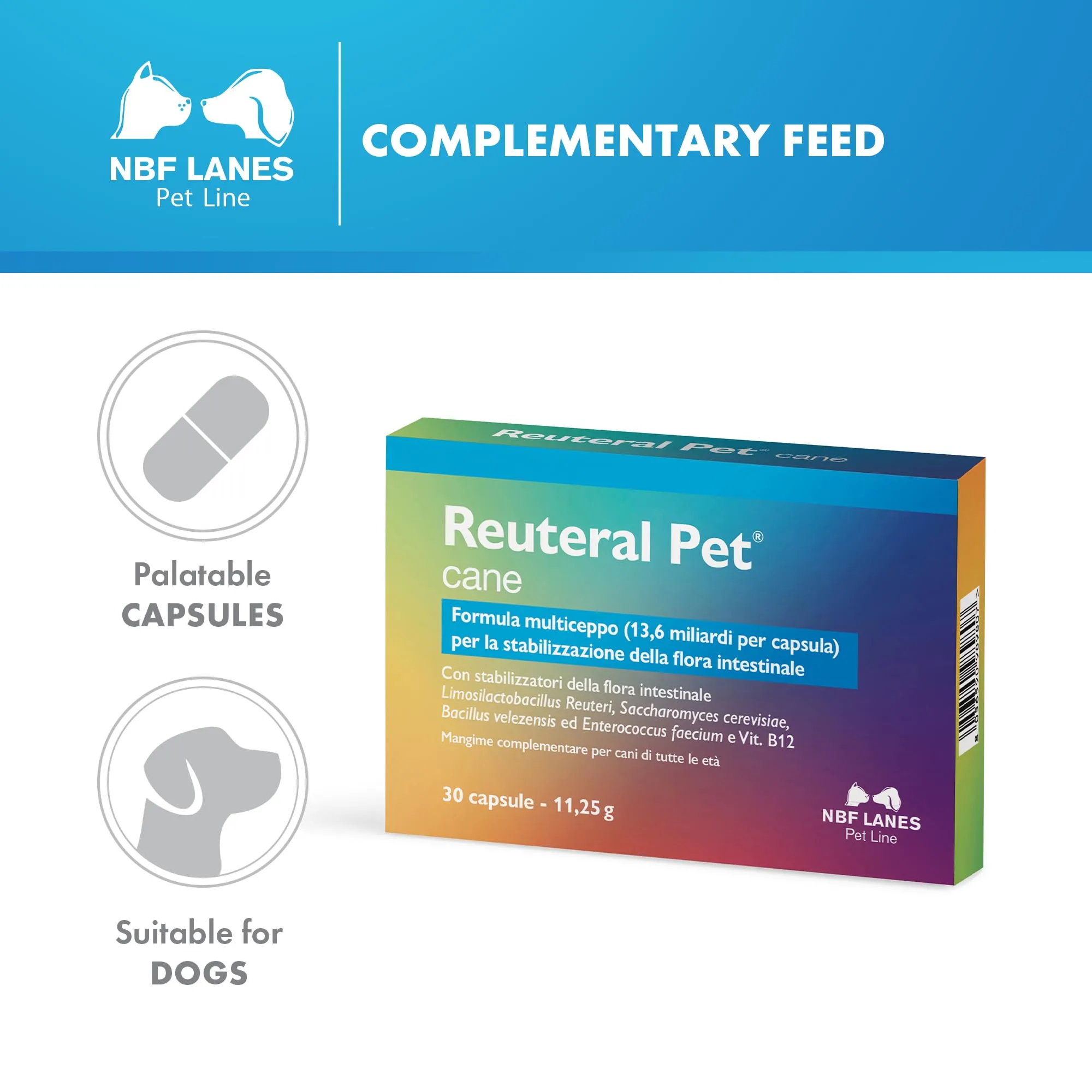 NBF Lanes Reuteral Pet Cane, 30 Capsule, Probiotico per la Flora Intestinale dei Cani - immagine 2