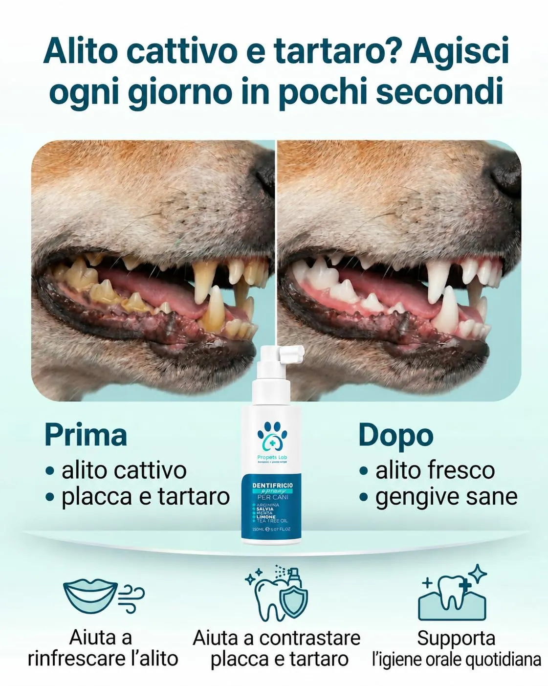 Propets Lab Dentifricio Spray per Cani e Gatti, 150 ml, con Spazzolino in Silicone, Menta, Salvia, Limone e Tea Tree - immagine 2