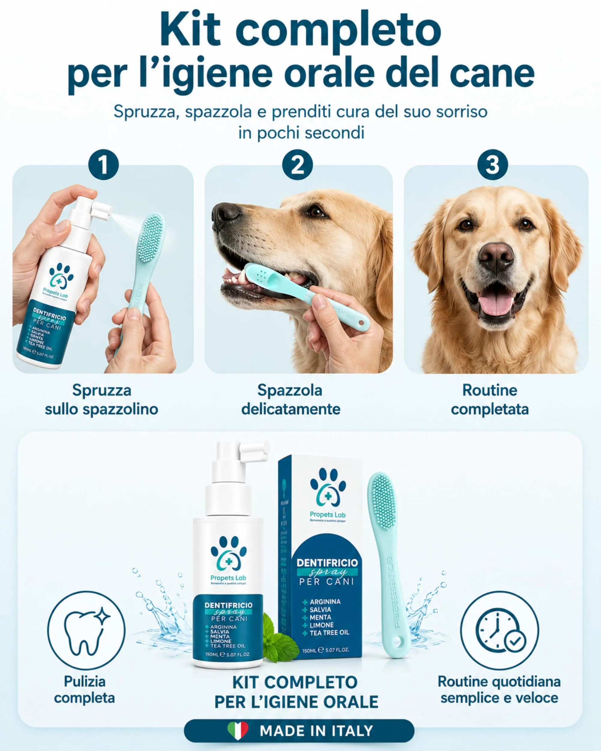 Propets Lab Dentifricio Spray per Cani e Gatti, 150 ml, con Spazzolino in Silicone, Menta, Salvia, Limone e Tea Tree - immagine 4