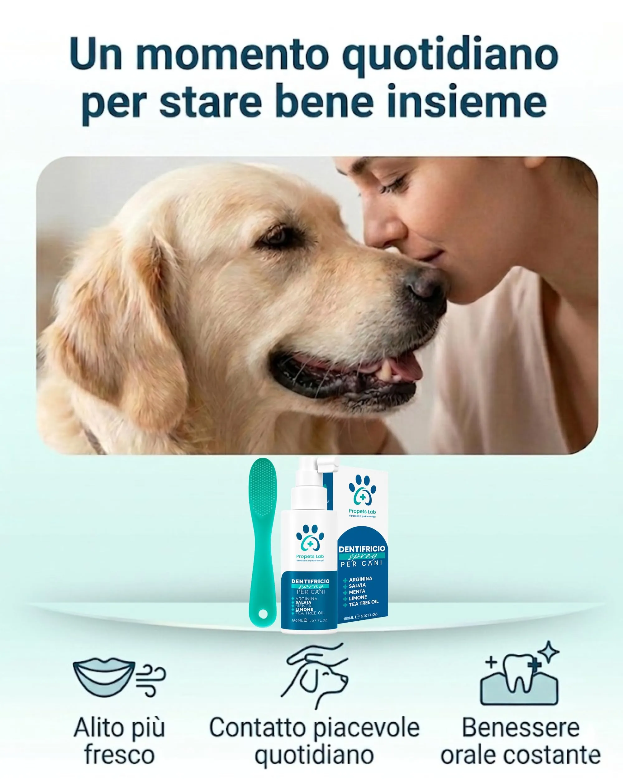 Propets Lab Dentifricio Spray per Cani e Gatti, 150 ml, con Spazzolino in Silicone, Menta, Salvia, Limone e Tea Tree - immagine 5