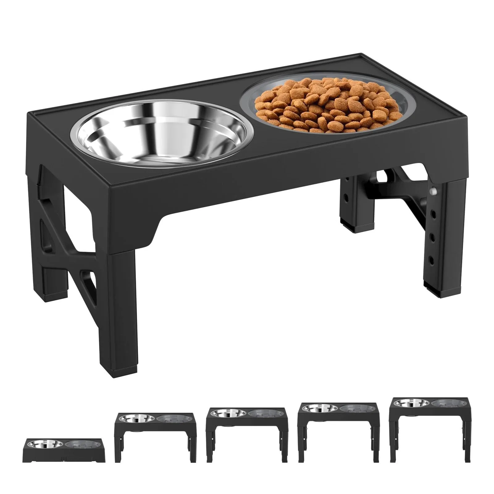 Crynvor Porta Ciotole Rialzato per Cani, 5 Altezze Regolabili, Supporto 2-in-1 con Ciotola in Acciaio Inox e Ciotola Slow Feeder, Nero - immagine 1