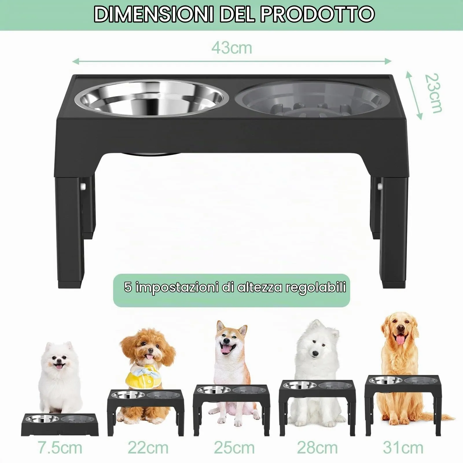 Crynvor Porta Ciotole Rialzato per Cani, 5 Altezze Regolabili, Supporto 2-in-1 con Ciotola in Acciaio Inox e Ciotola Slow Feeder, Nero - immagine 2