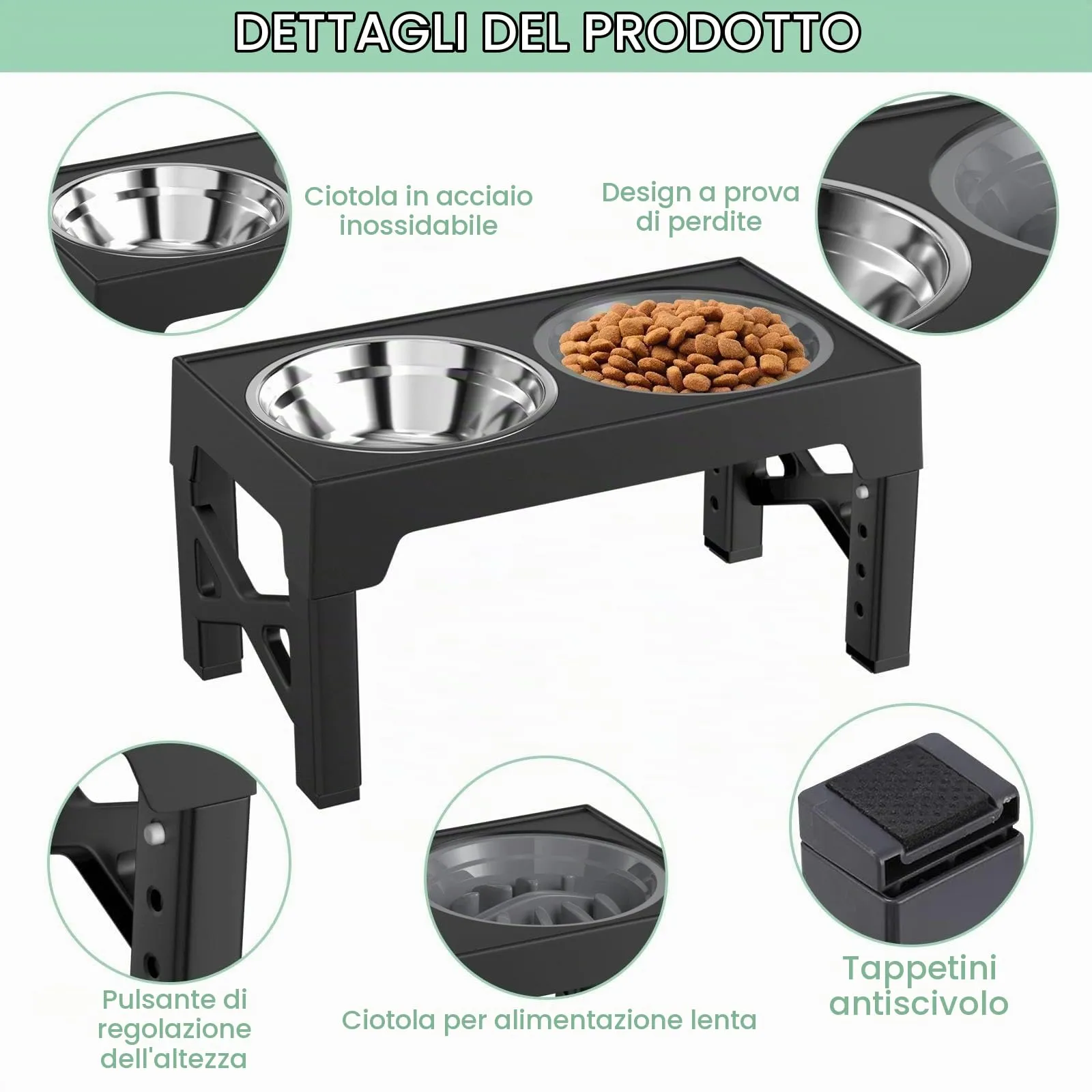 Crynvor Porta Ciotole Rialzato per Cani, 5 Altezze Regolabili, Supporto 2-in-1 con Ciotola in Acciaio Inox e Ciotola Slow Feeder, Nero - immagine 3