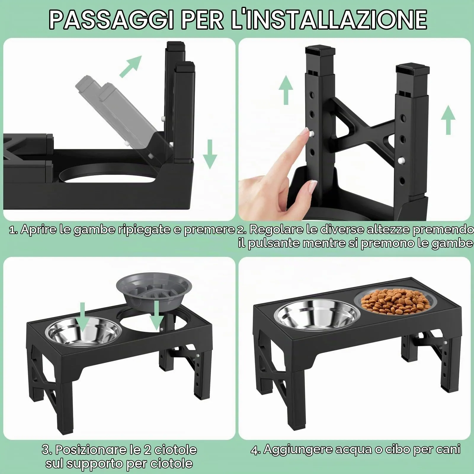 Crynvor Porta Ciotole Rialzato per Cani, 5 Altezze Regolabili, Supporto 2-in-1 con Ciotola in Acciaio Inox e Ciotola Slow Feeder, Nero - immagine 4