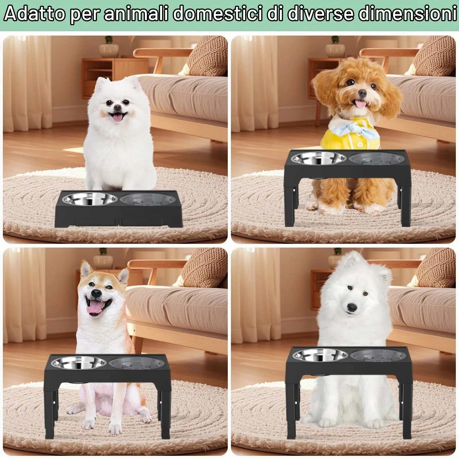 Crynvor Porta Ciotole Rialzato per Cani, 5 Altezze Regolabili, Supporto 2-in-1 con Ciotola in Acciaio Inox e Ciotola Slow Feeder, Nero - immagine 5