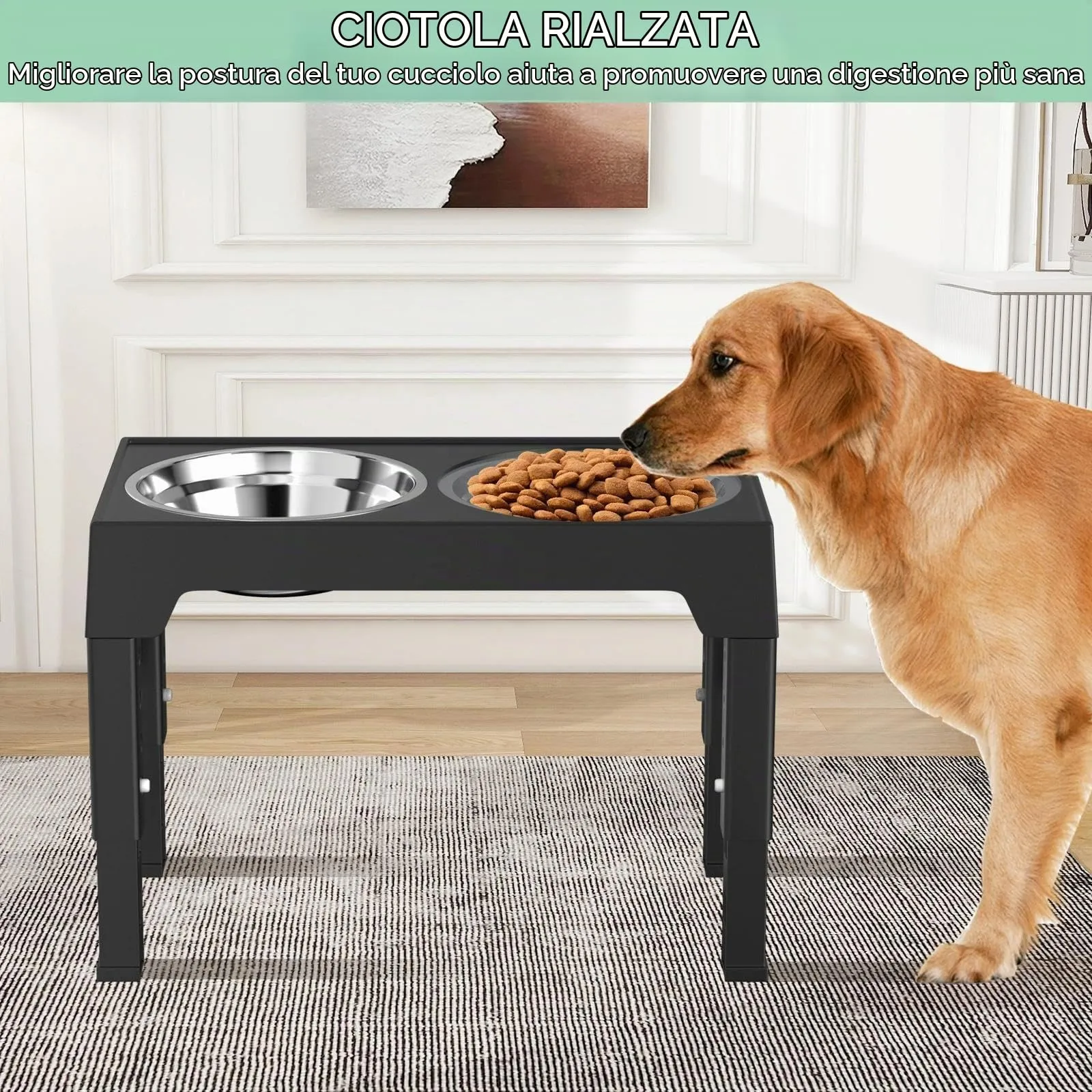 Crynvor Porta Ciotole Rialzato per Cani, 5 Altezze Regolabili, Supporto 2-in-1 con Ciotola in Acciaio Inox e Ciotola Slow Feeder, Nero - immagine 7