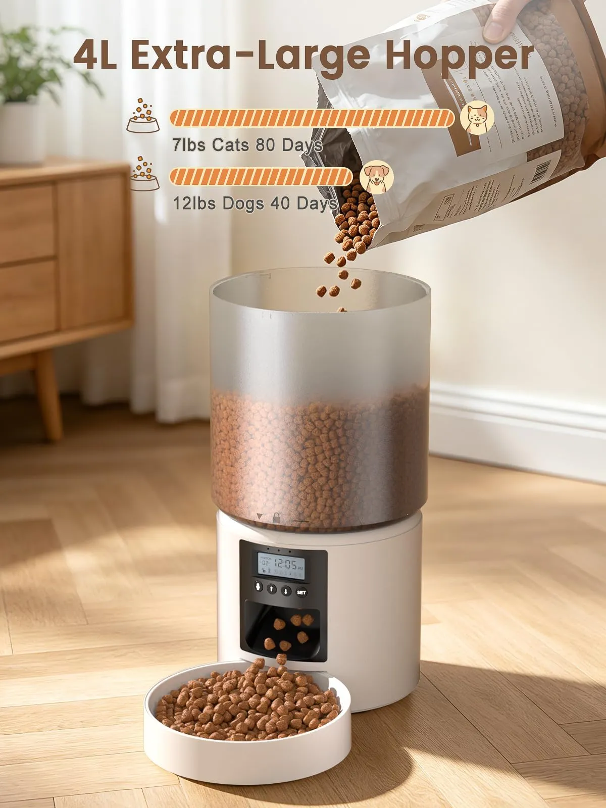 PETVION Distributore Automatico Cibo Gatti 4L con Timer, Bianco - immagine 3