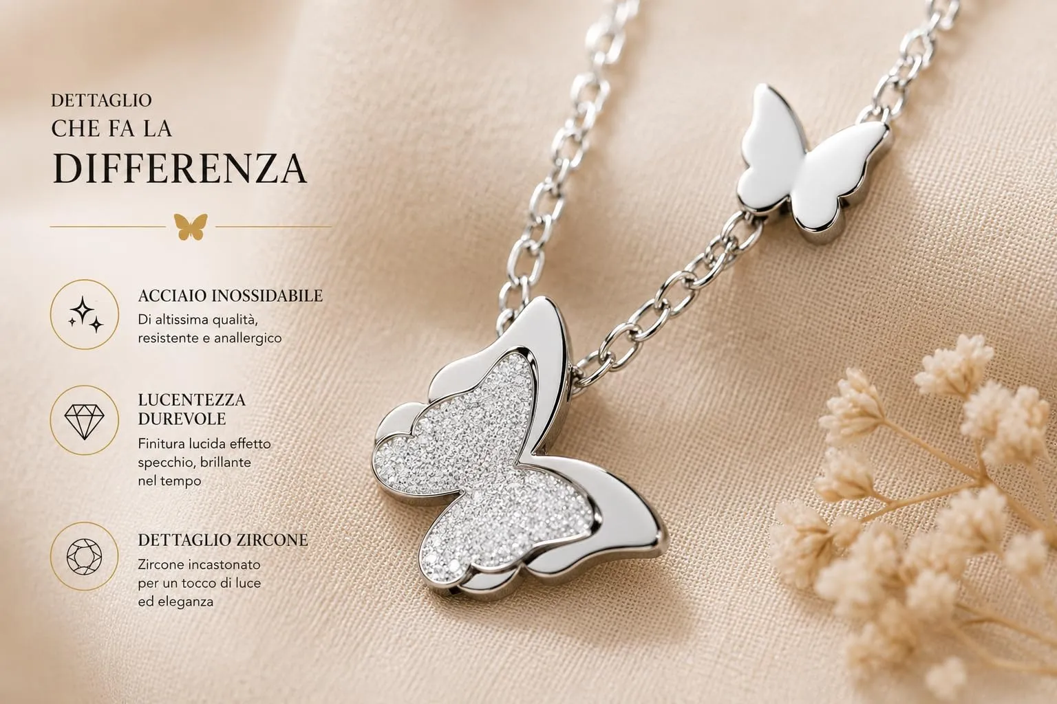 Saga Gioielli Collana Donna Farfalla in Acciaio Argento 45 cm - immagine 3
