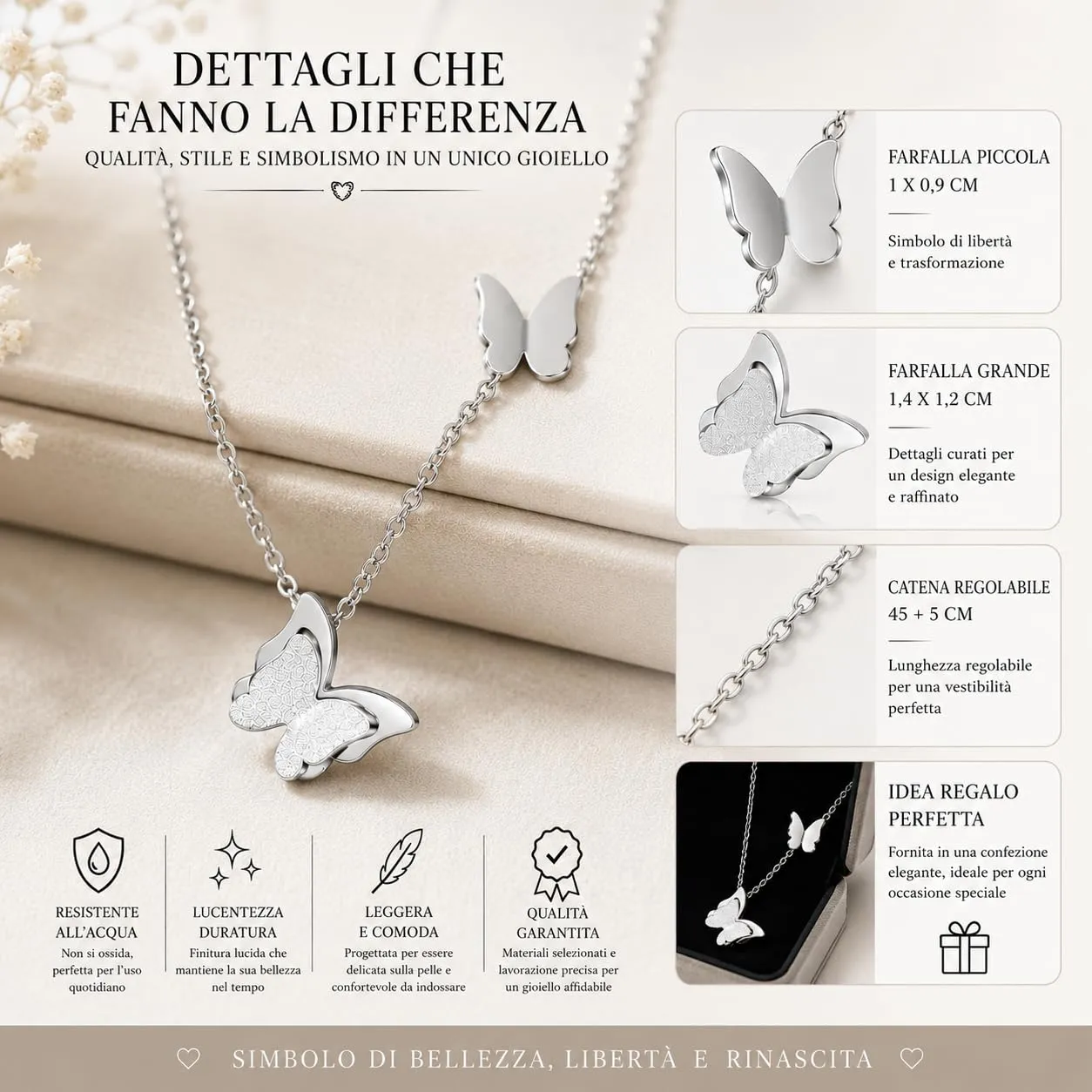 Saga Gioielli Collana Donna Farfalla in Acciaio Argento 45 cm - immagine 4