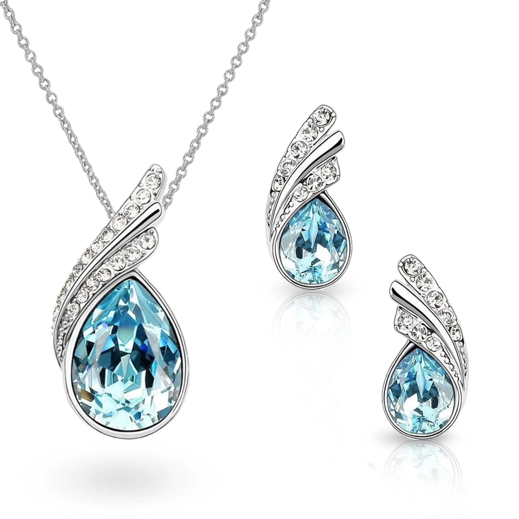 Crystalline Azuria Donna 18ct Placcato Oro Bianco Parure Collana con Ciondolo e Orecchini, Cristalli Blu Acquamarina simulato, 45 cm - immagine 1