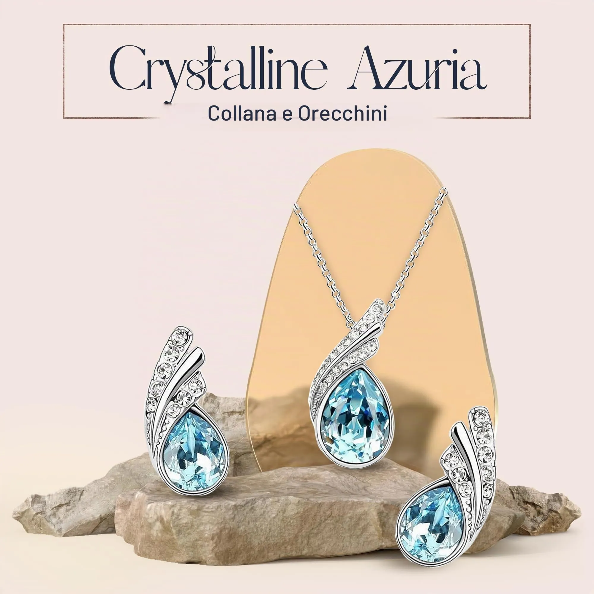 Crystalline Azuria Donna 18ct Placcato Oro Bianco Parure Collana con Ciondolo e Orecchini, Cristalli Blu Acquamarina simulato, 45 cm - immagine 2