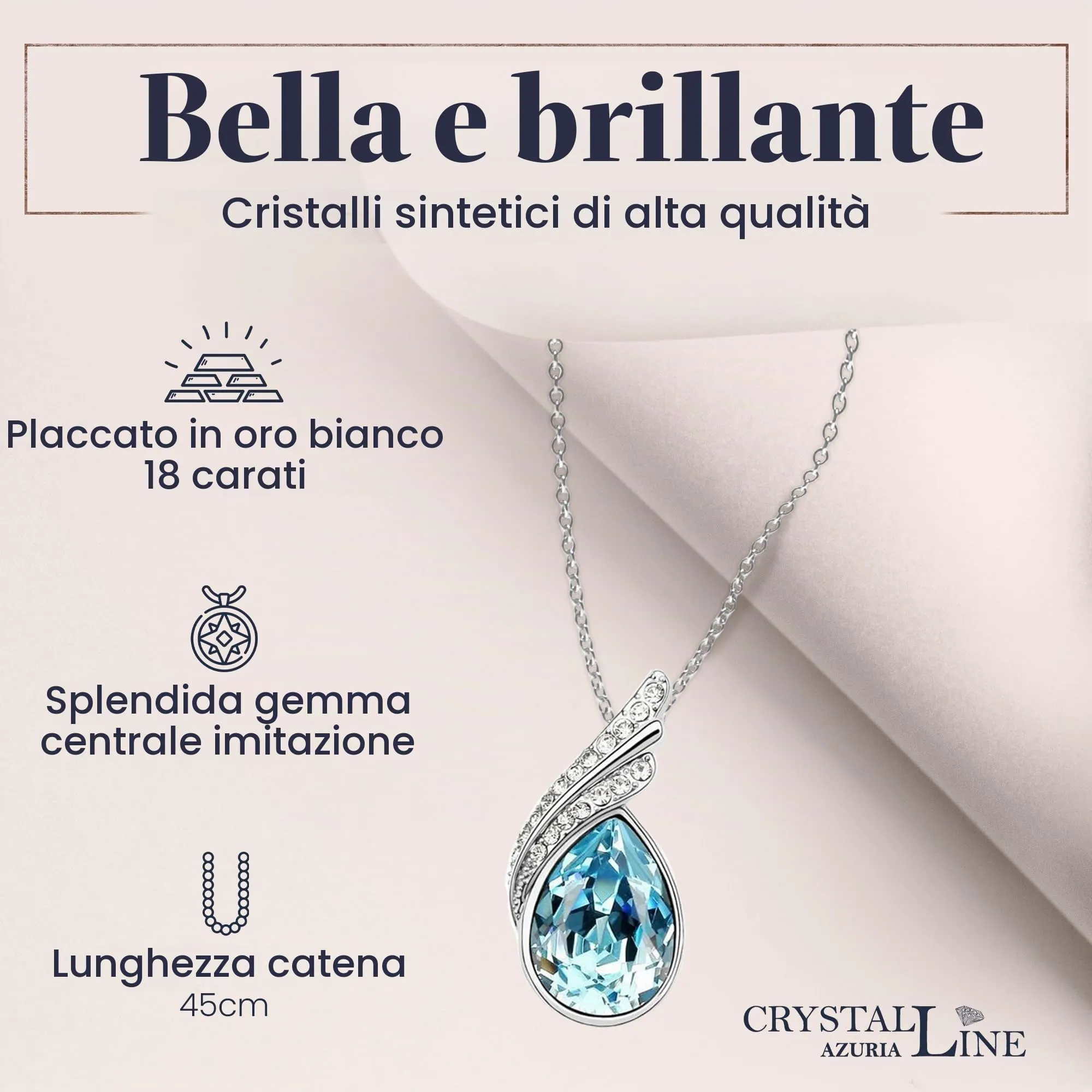 Crystalline Azuria Donna 18ct Placcato Oro Bianco Parure Collana con Ciondolo e Orecchini, Cristalli Blu Acquamarina simulato, 45 cm - immagine 4