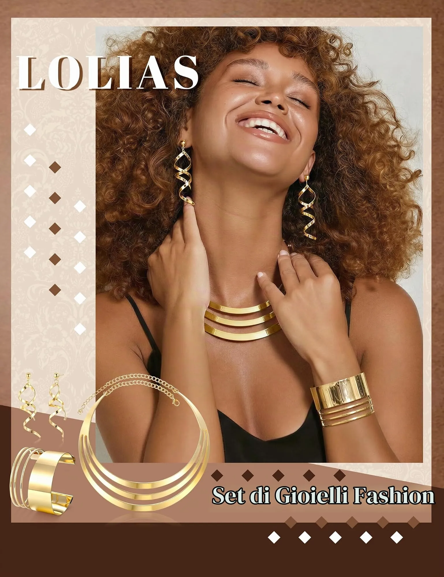 LOLIAS Set di Gioielli in Oro per Donne: Collana Choker, Bracciale Largo e Orecchini - immagine 4