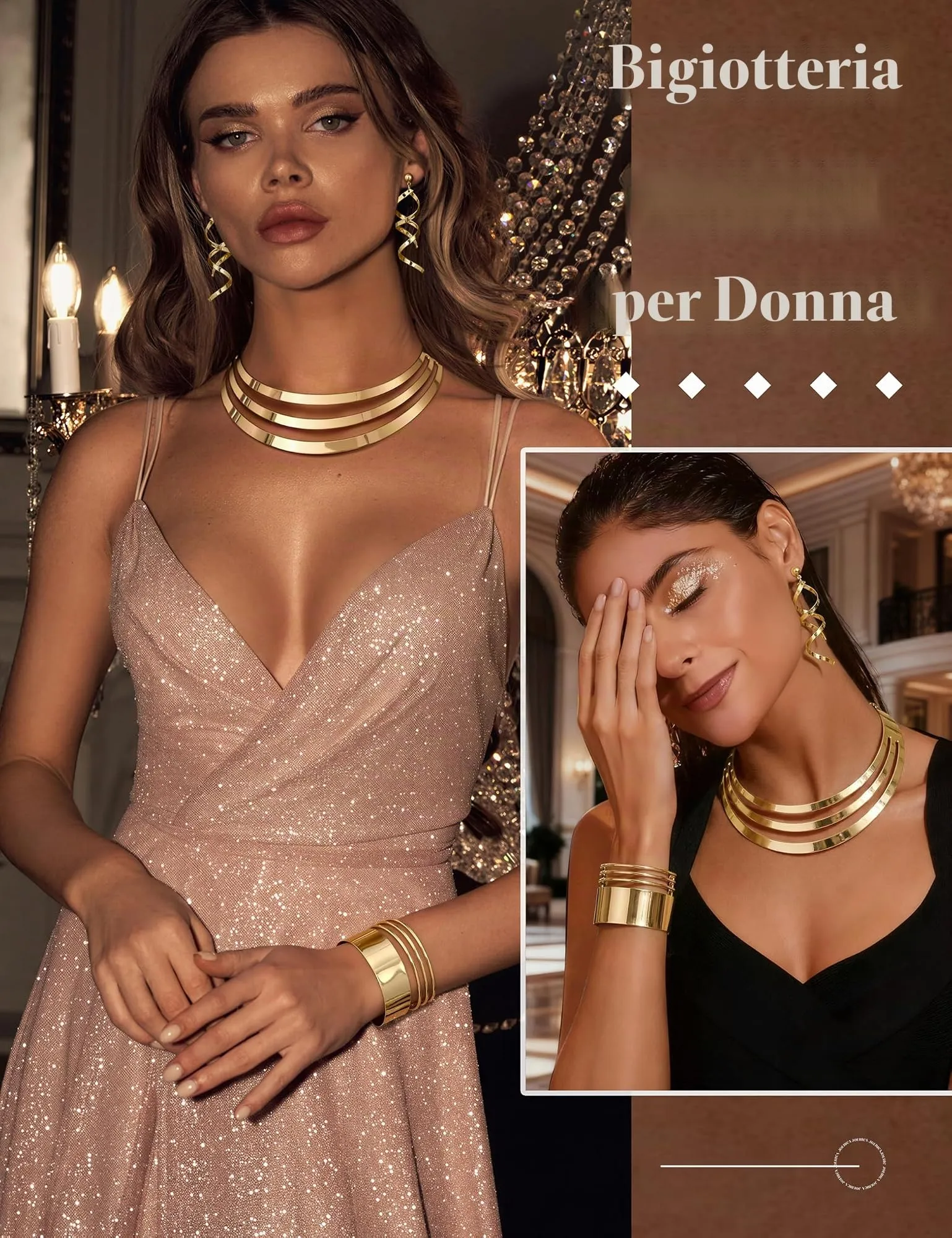 LOLIAS Set di Gioielli in Oro per Donne: Collana Choker, Bracciale Largo e Orecchini - immagine 5