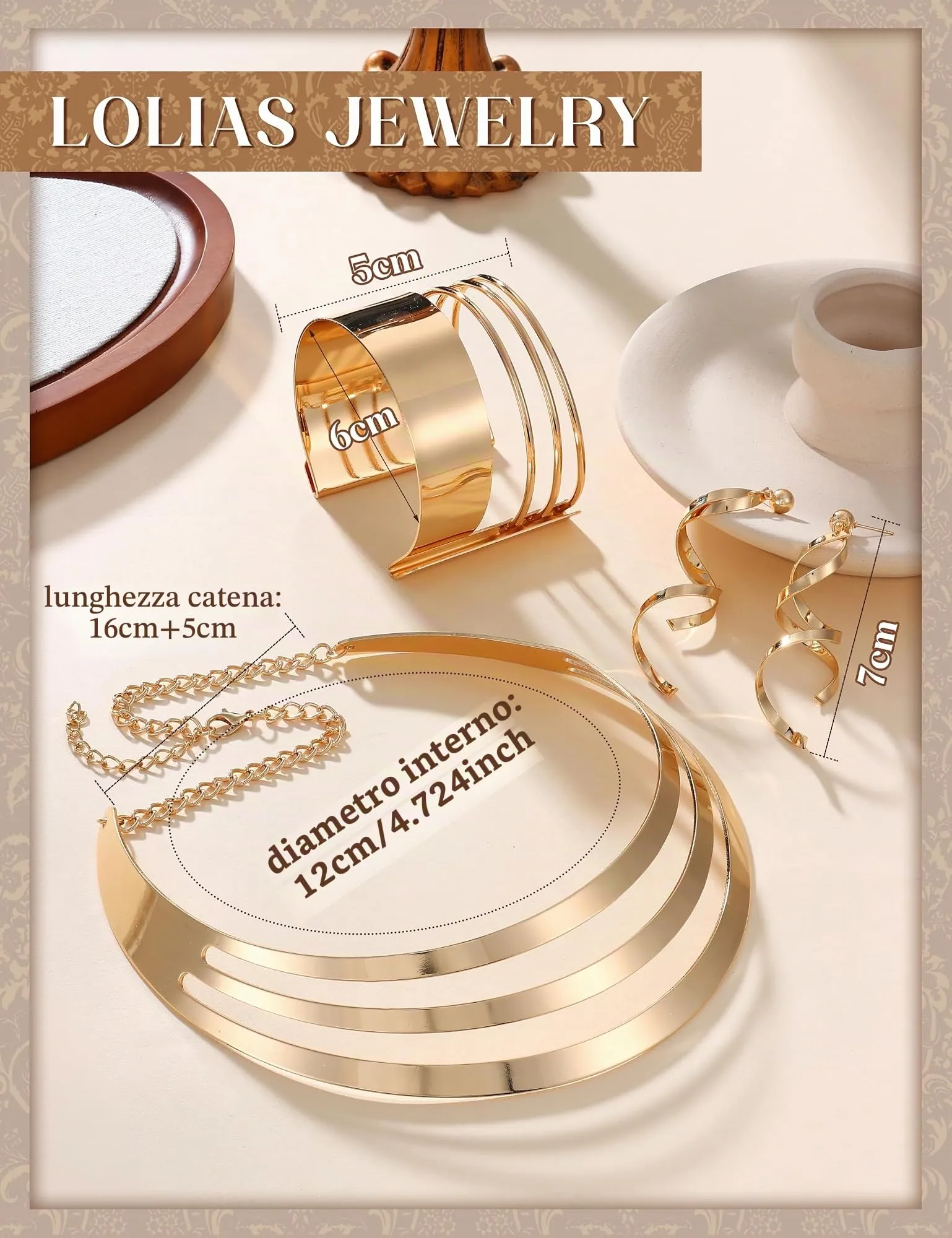 LOLIAS Set di Gioielli in Oro per Donne: Collana Choker, Bracciale Largo e Orecchini - immagine 6