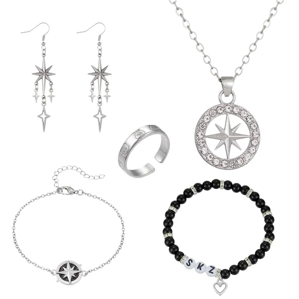 XFSRG Set di Gioielli da Donna Stray Kids SKZ - Collana con Ciondolo a Bussola, Bracciale Regolabile, Orecchini e Anello - immagine 1