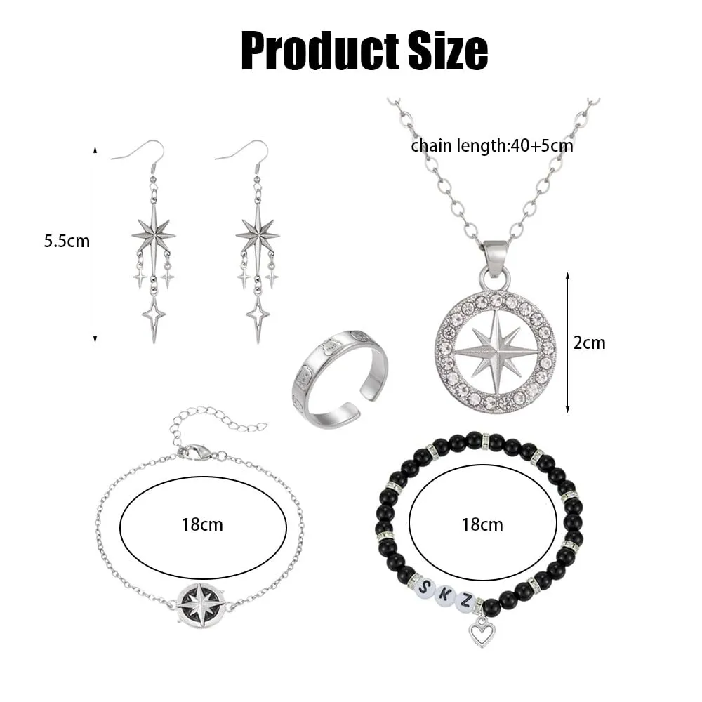 XFSRG Set di Gioielli da Donna Stray Kids SKZ - Collana con Ciondolo a Bussola, Bracciale Regolabile, Orecchini e Anello - immagine 2
