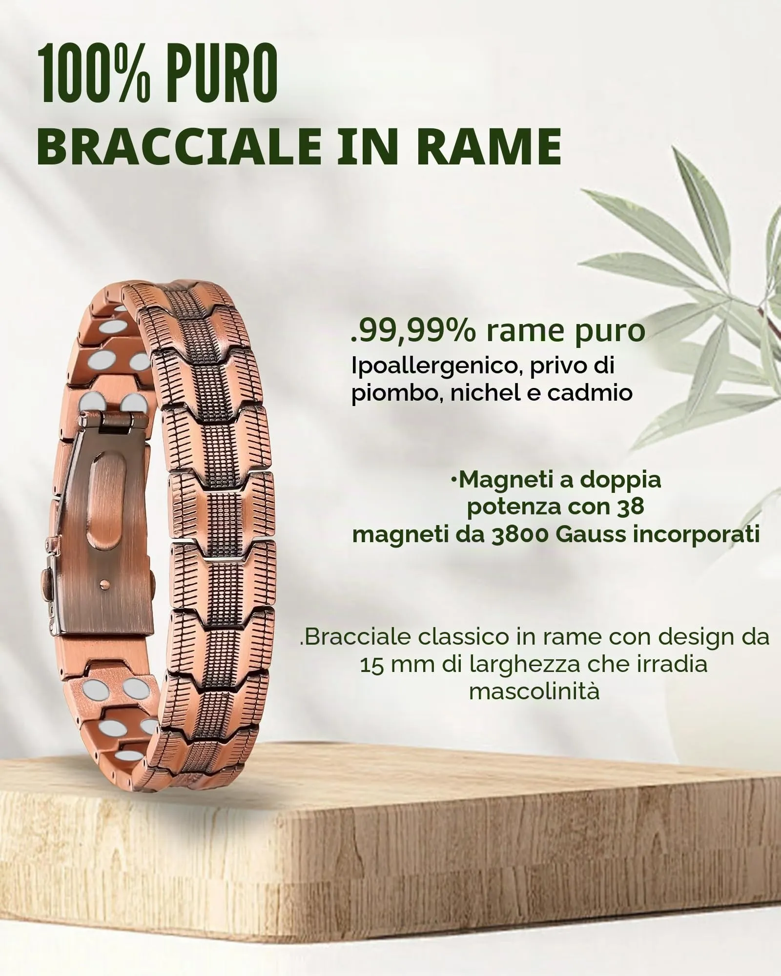 MagEnergy Bracciale Magnetico in Rame Puro 99,99% per Uomini, Chiusura a Farfalla, Lunghezza Regolabile (Rame) - immagine 2